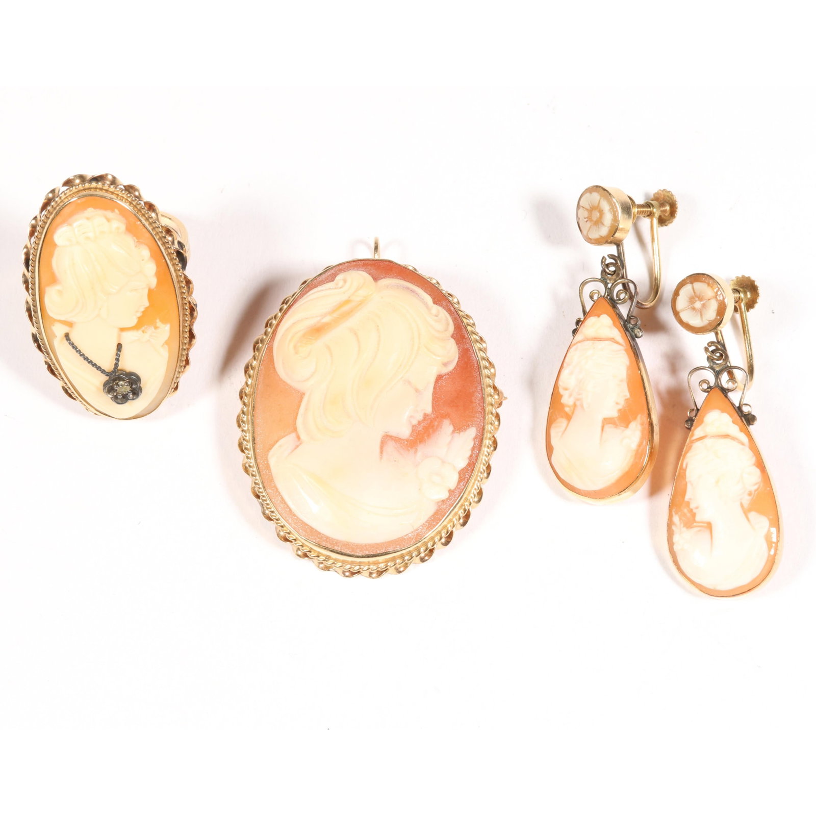 14K yellow gold cameo jewelry group with ring, brooch, and earrings Ring size 7 (1 of 15)