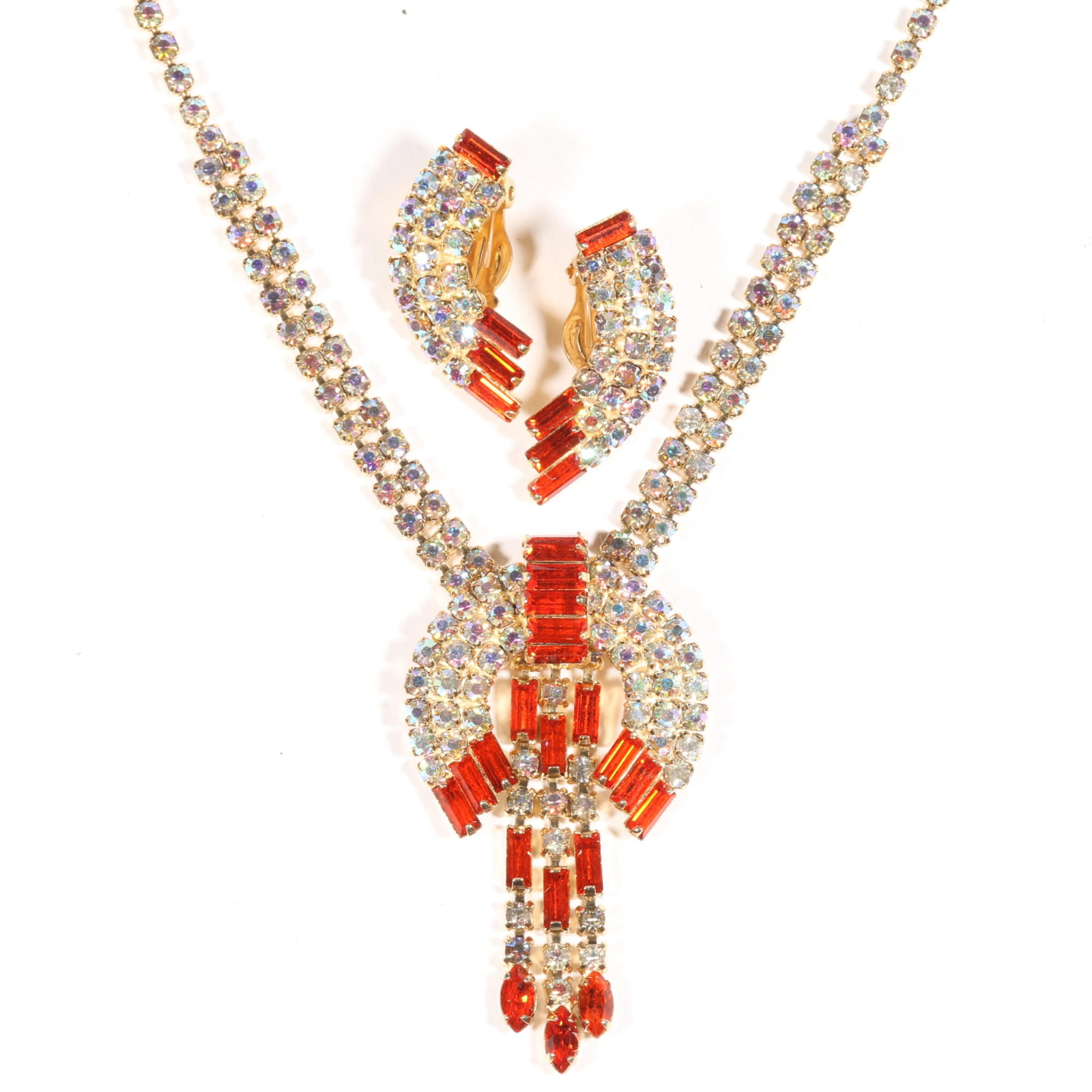 D&E Juliana demi parure with Deco inspired design in bright orange and aurora borealis rhinestones,: D&E Juliana demi parure with Deco inspired design in bright orange and aurora borealis rhinestones, necklace and earrings 16"L x 2 1/2"Drop (necklace)
