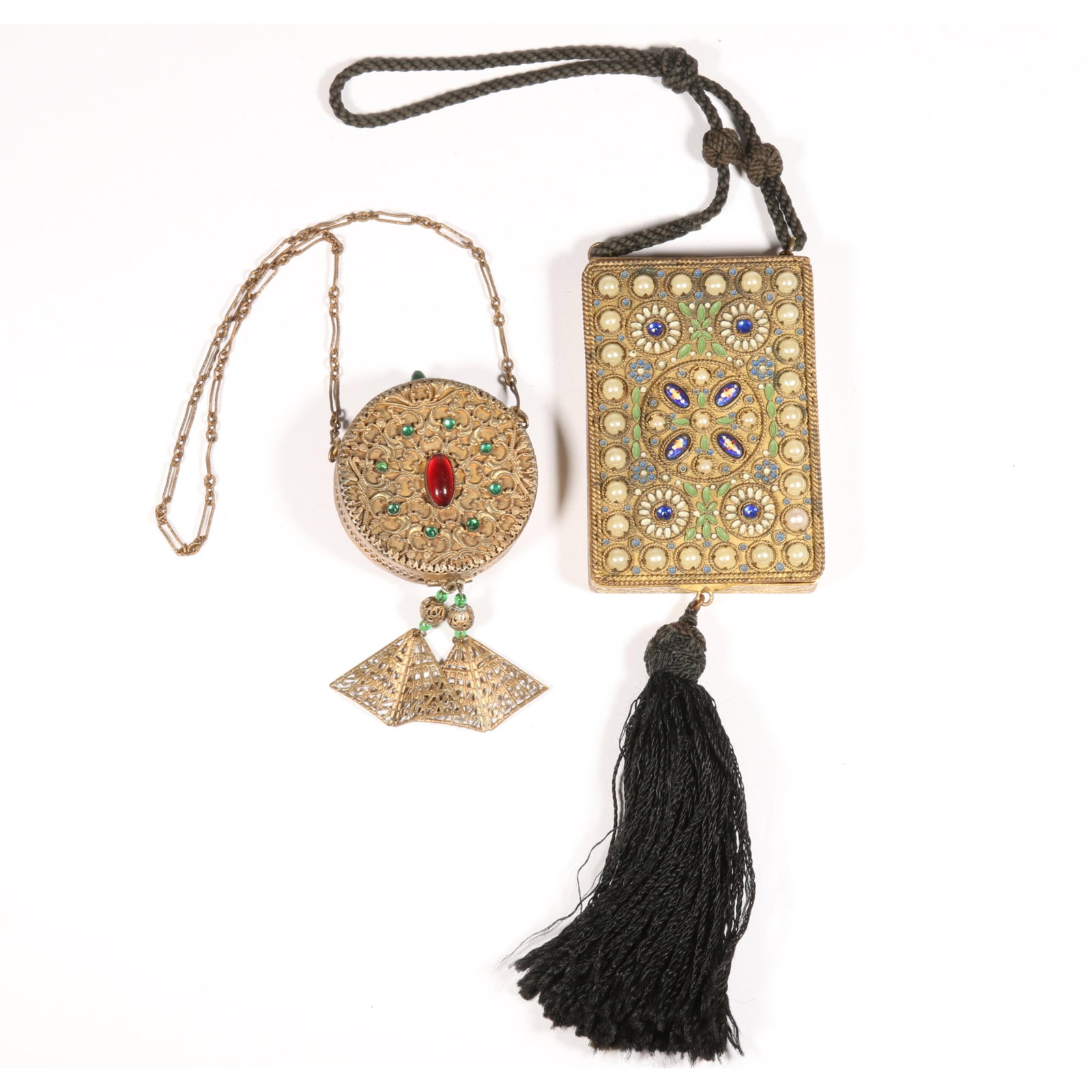 Pair of antique jeweled compact purses including Peking glass, enamel, and fringe 14 1/2"L x 2 1/2"W (1 of 15)
