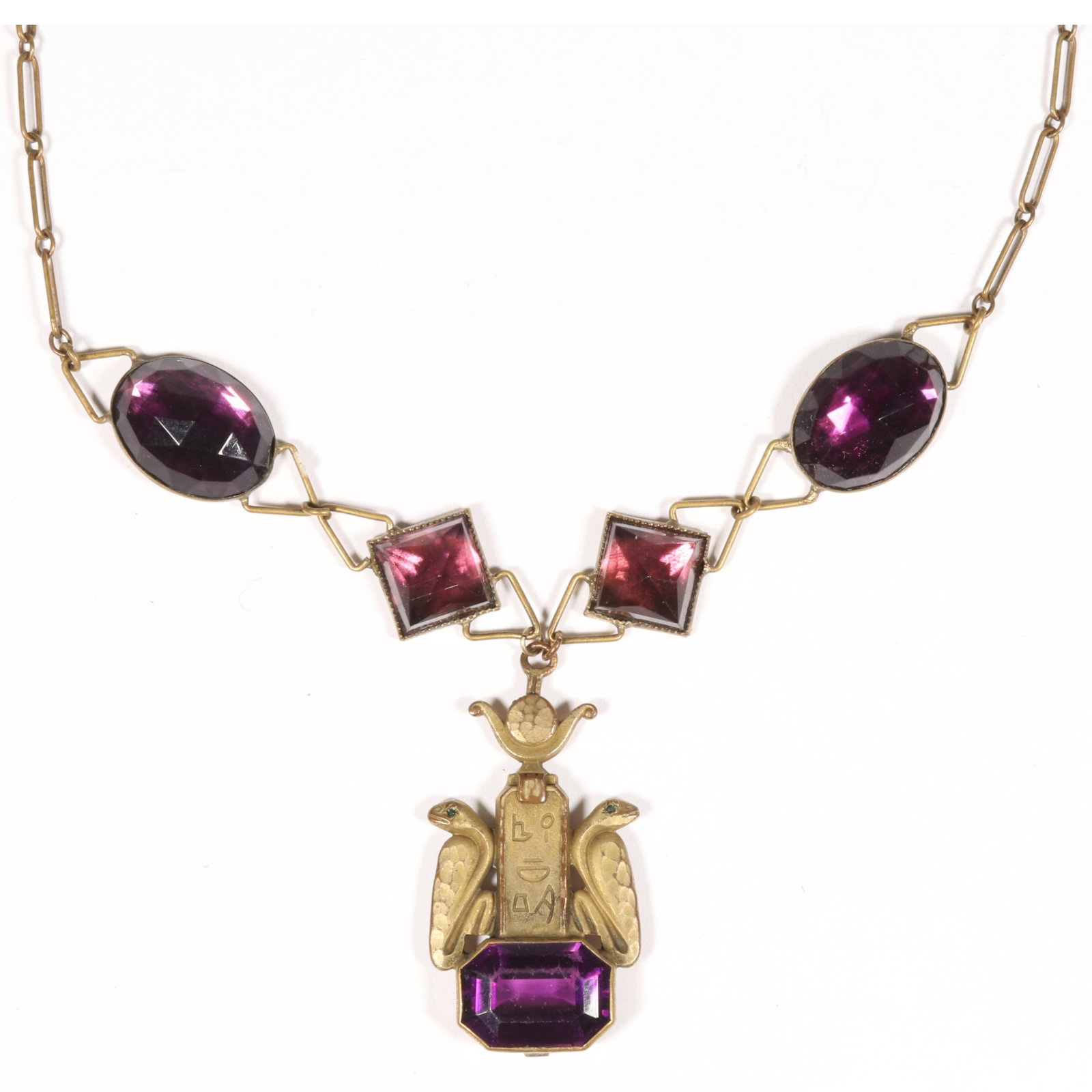 Art Deco Egyptian Revival Czech glass necklace with cobras and stele pendant and dark amethyst glass (1 of 6)