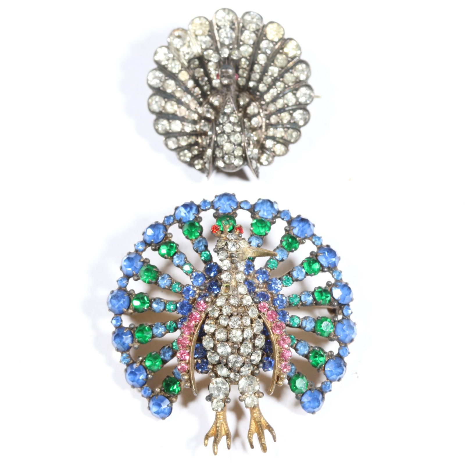 Pair of antique peacock brooches: sterling paste peacock and rhinestone crystal peacock. 1 1/2"L x 1 (1 of 11)