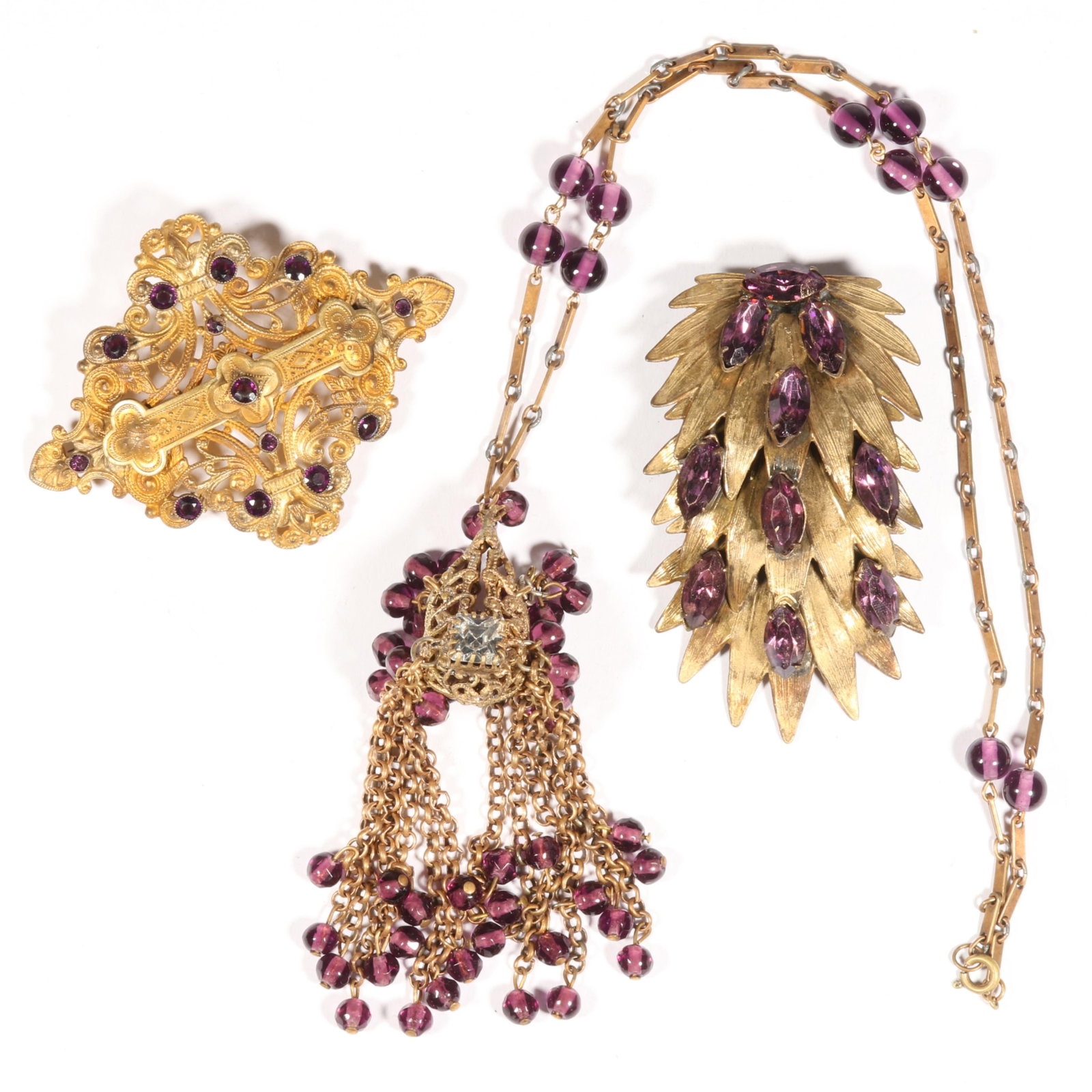 3pc amethyst Czech glass jewelry group with long double sided pendant necklace, large dress clip, (1 of 11)