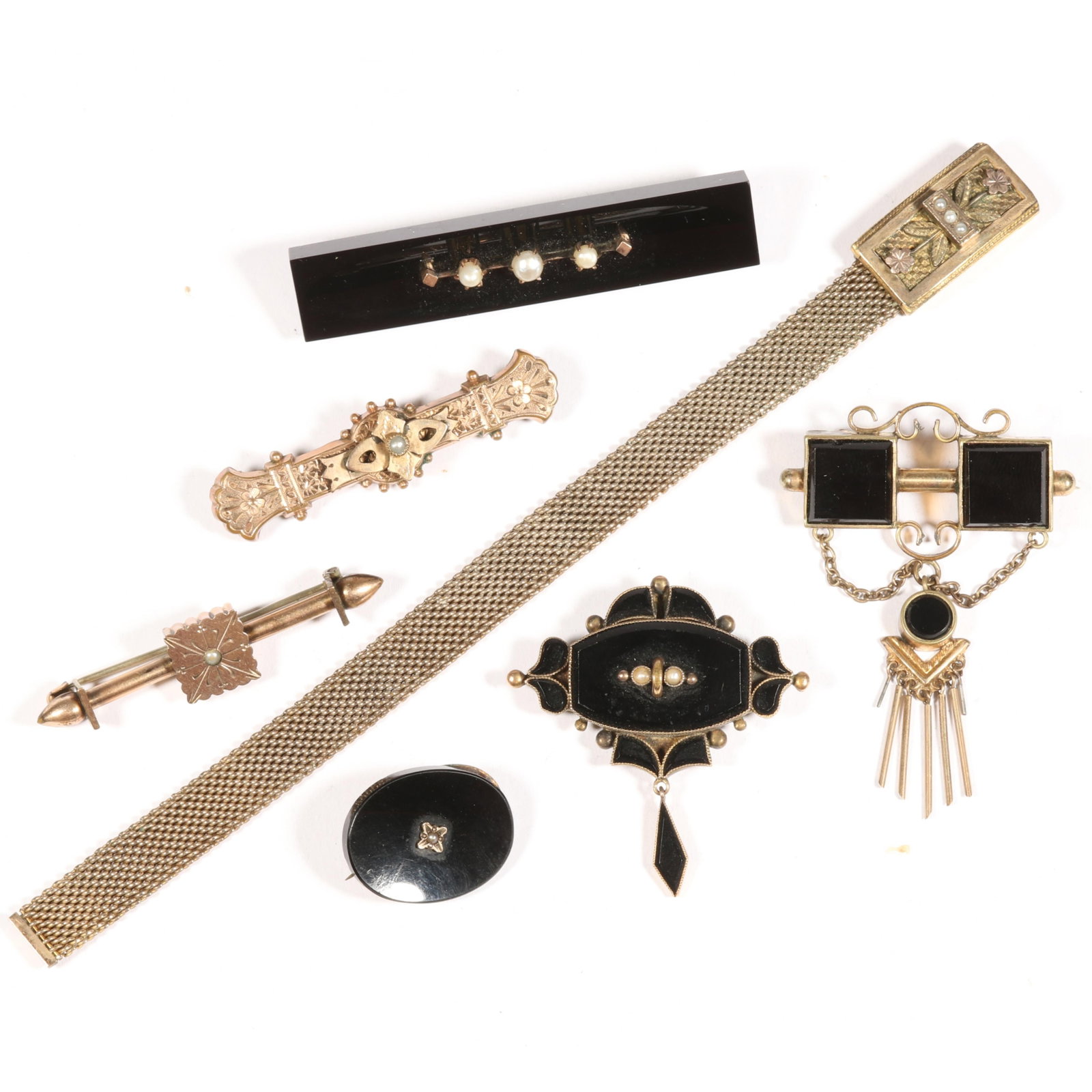 7pc Antique Victorian jewelry group including low carat gold? onyx drop brooch with seed pearls, (1 of 11)