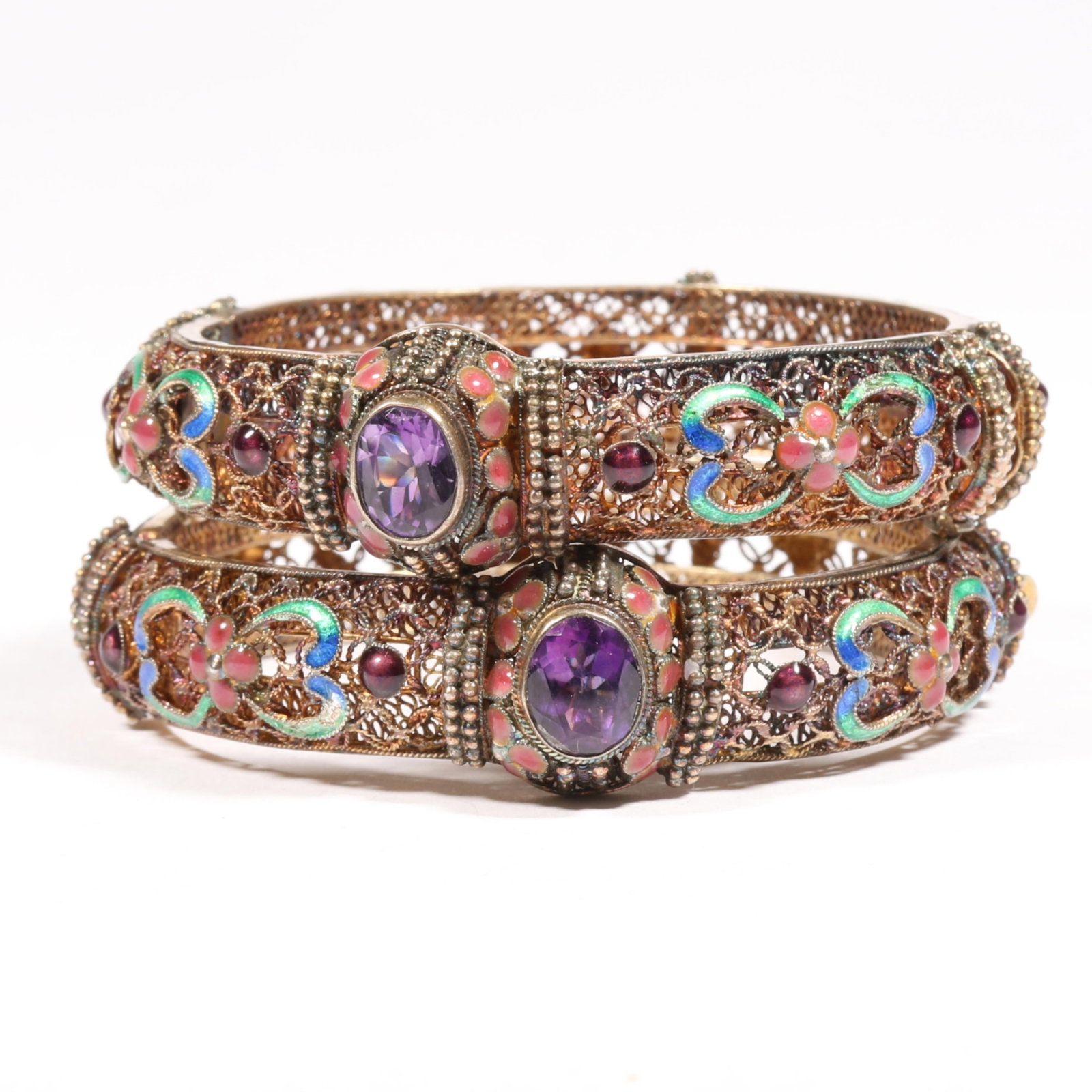 Pair of matching Chinese export jeweled filigree hinged bangle bracelets with floral enamel details (1 of 14)