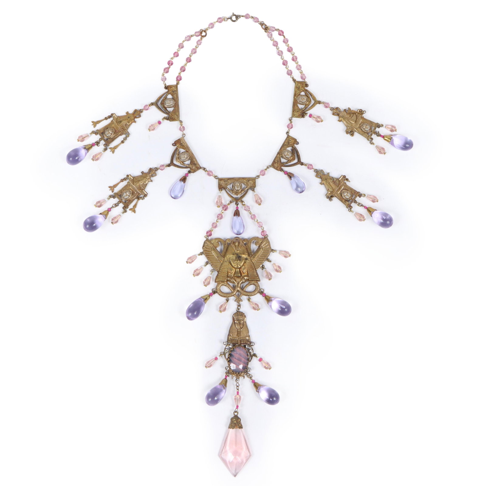 HUGE statement Egyptian Revival contemporary Czech glass drop necklace with lavender and pink: HUGE statement Egyptian Revival contemporary Czech glass drop necklace with lavender and pink crystal drops and striped art glass cabochons Signed "Czechoslovakia" Provenance: From the Collection of J