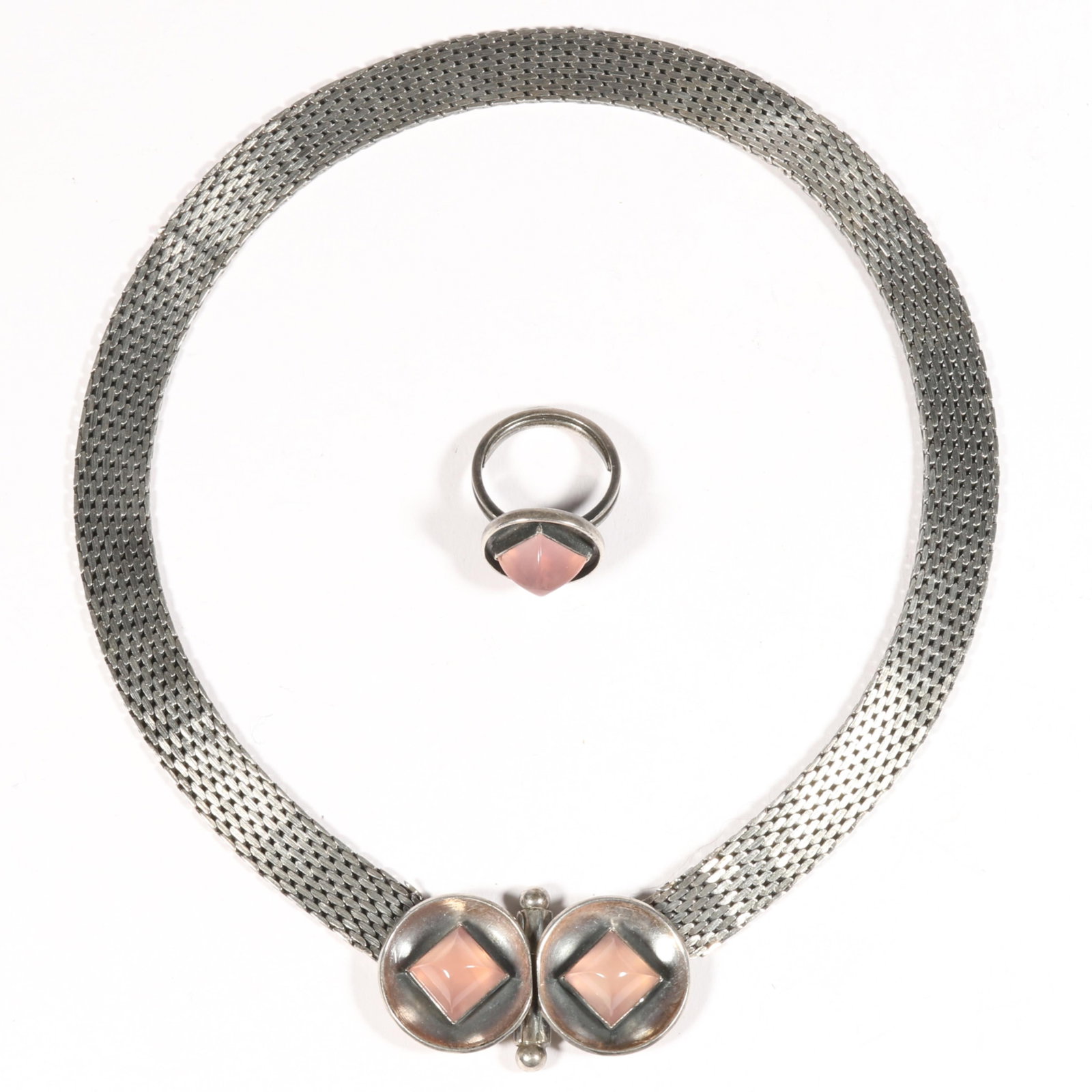 Modernist mesh 835 silver choker necklace with rose quartz and matching ring Size 5 (ring) (1 of 12)