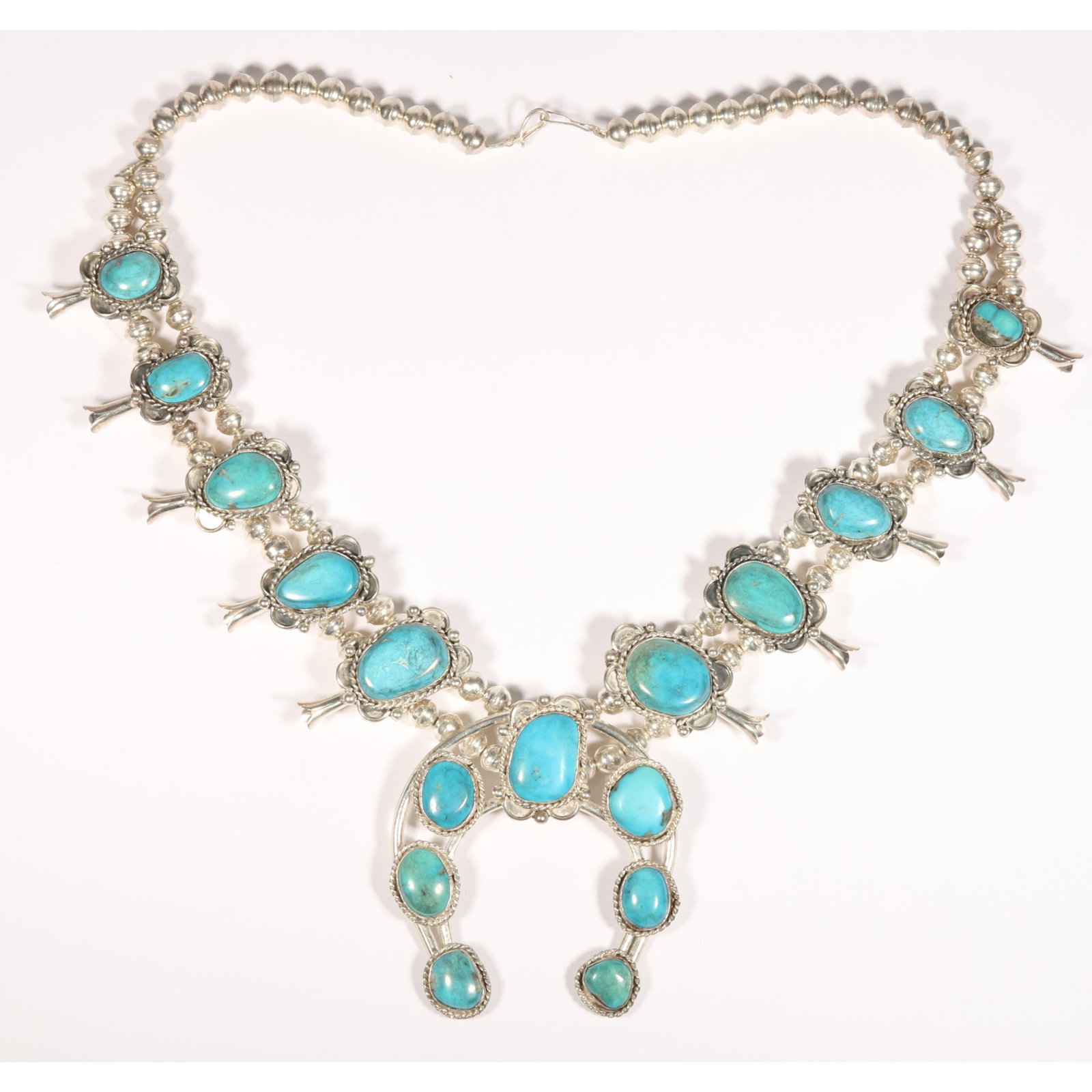 Large Native American unmarked sterling squash blossom necklace with Naja pendant and chunky (1 of 7)