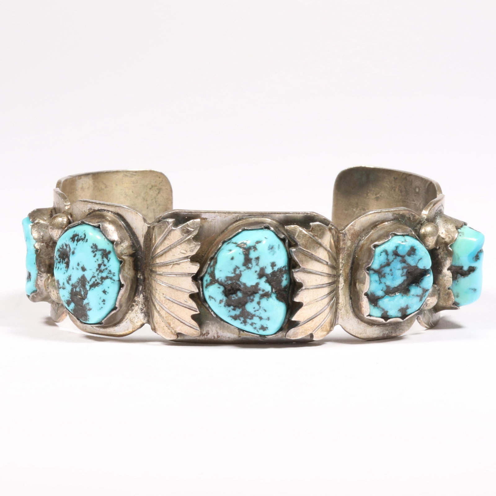 Vintage Native American Navajo unmarked sterling silver cuff bracelet with 5 turquoise stones, (1 of 7)
