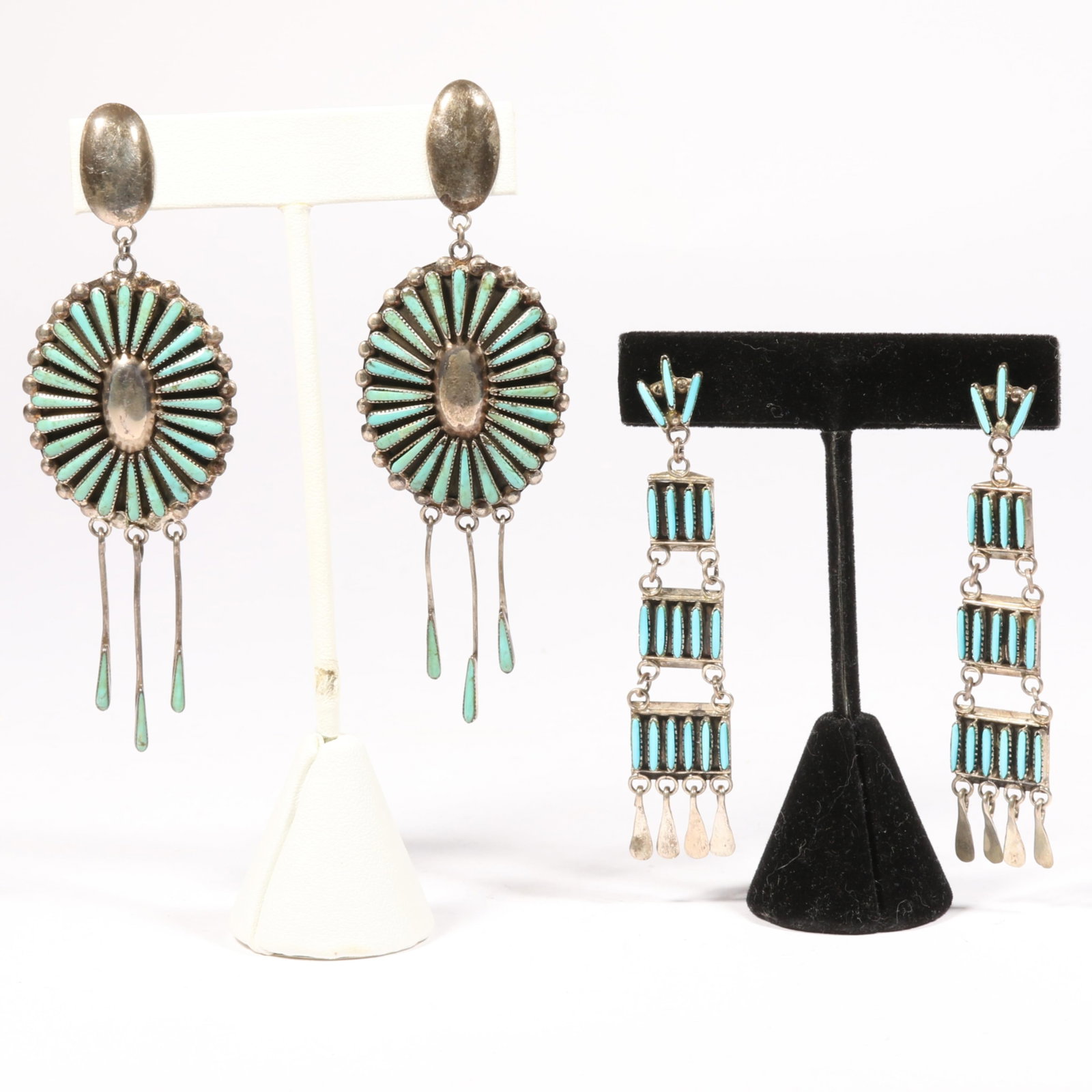 Two pairs of Native American Zuni needlepoint turquoise long drop earrings, one marked sterling 3 (1 of 7)