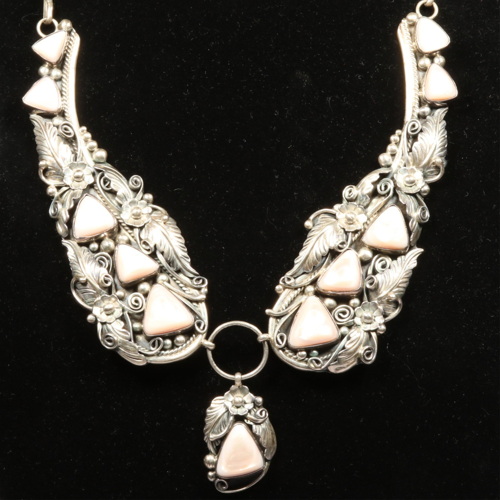 Vintage Native American unmarked sterling silver necklace with floral motif and pink shell, signed ": Vintage Native American unmarked sterling silver necklace with floral motif and pink shell, signed " JL" 102.4 grams 22"L x 2"W