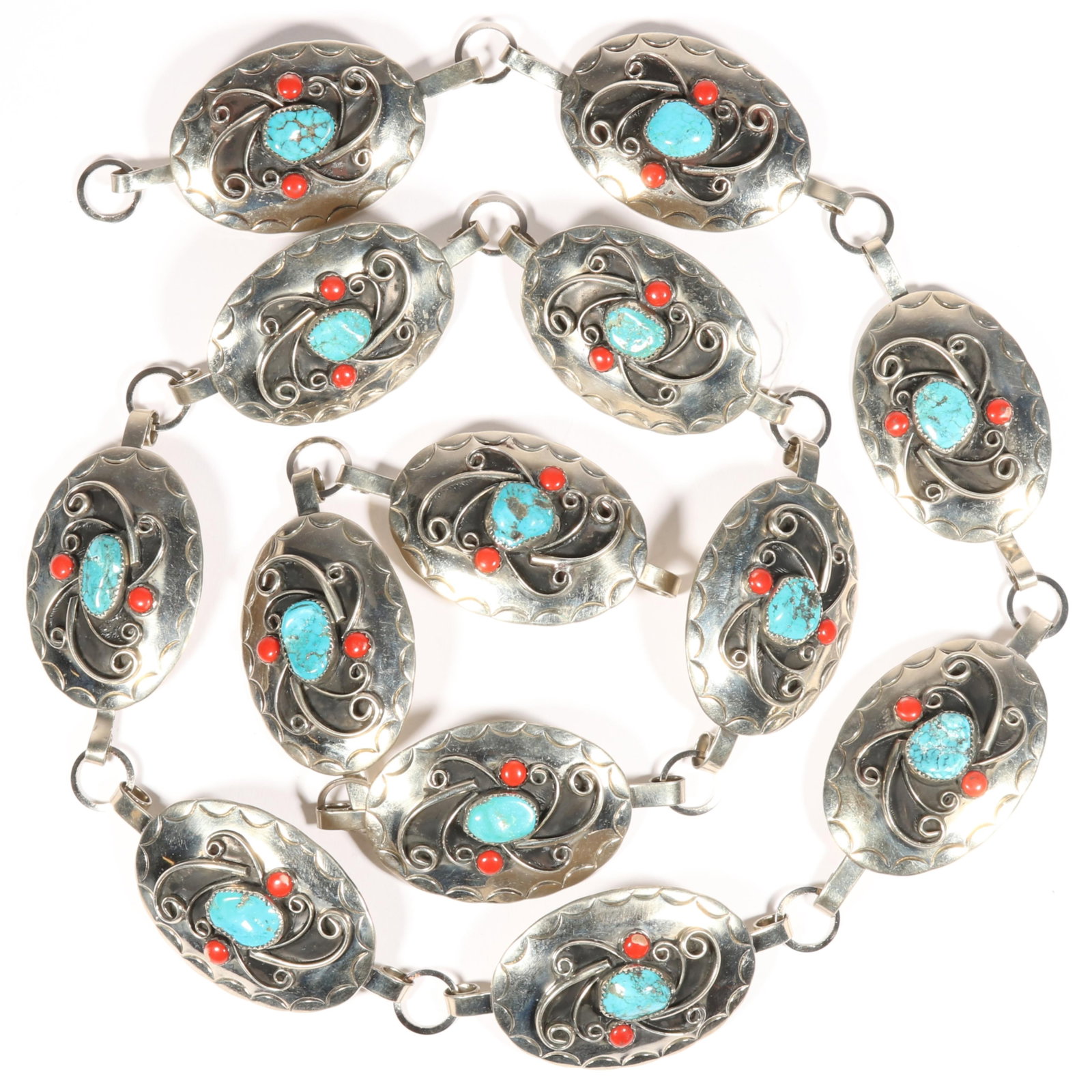 Native American silver plate concho belt with sterling details and turquoise and red coral 44"L x 1 (1 of 7)