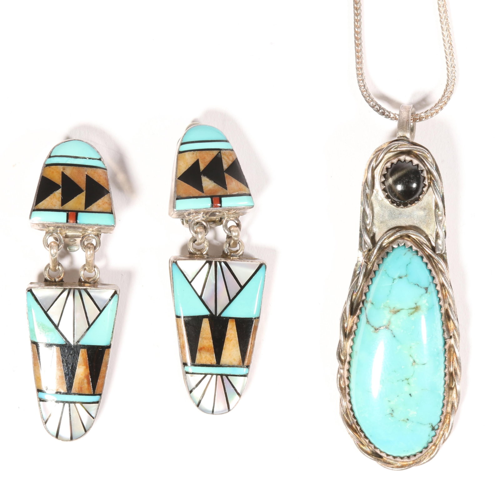 Ola Eriacho Zuni sterling silver inlay drop earrings with unmarked sterling? turquoise pendant on (1 of 7)