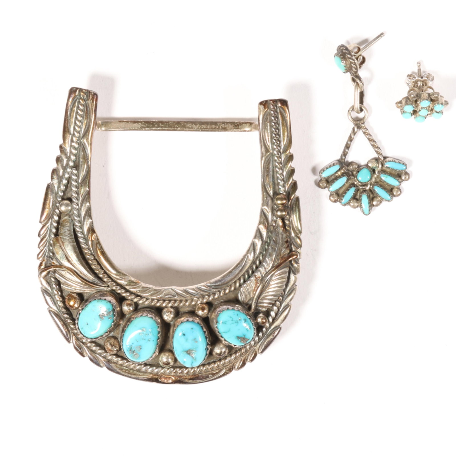 Native American sterling silver belt buckle with 4 turquoise stones, and 2 single sterling? earrings (1 of 4)