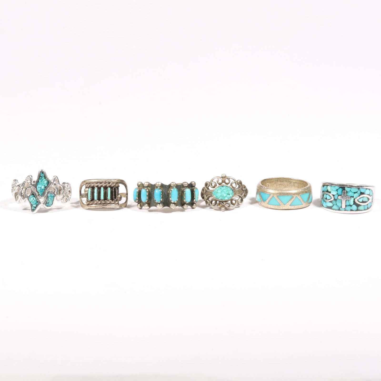 6pc group of Native American and Native American style rings, some sterling. Size 8 (middle ring (1 of 7)