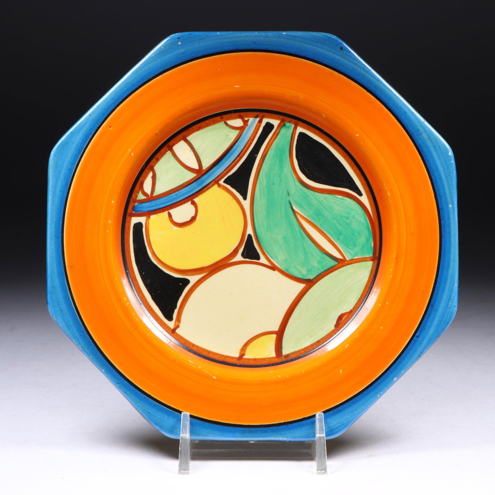 Bizarre ware by Clarice Cliff hand-painted sliced fruit pattern octagonal sideplate, c. 1930. 5 (1 of 6)