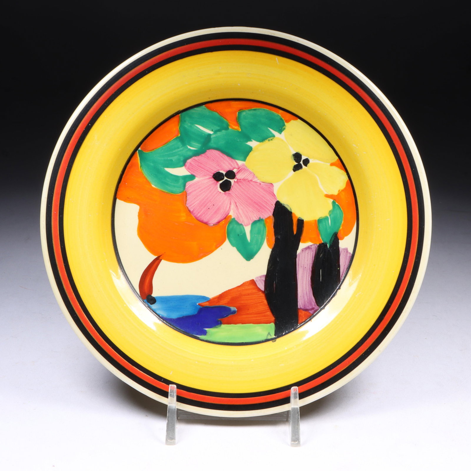 Applique Bizarre ware by Clarice Cliff hand-painted blossom art pottery plate, c. 1931 6"Diam. (1 of 6)