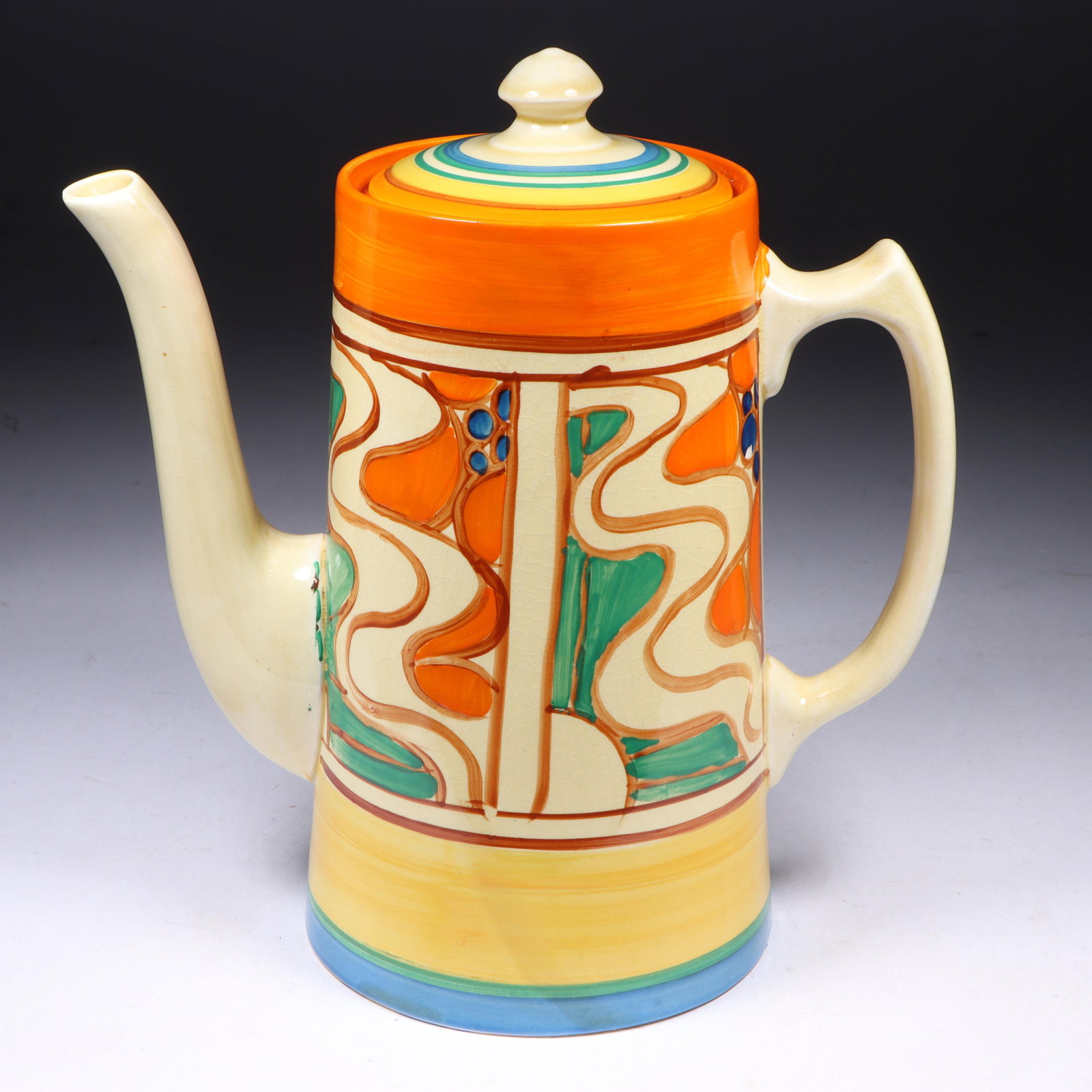 Fantasque by Clarice Cliff hand-painted "Sunrise" coffee pot pitcher with lid, 1929. 7 1/2"H x 7"W (1 of 11)