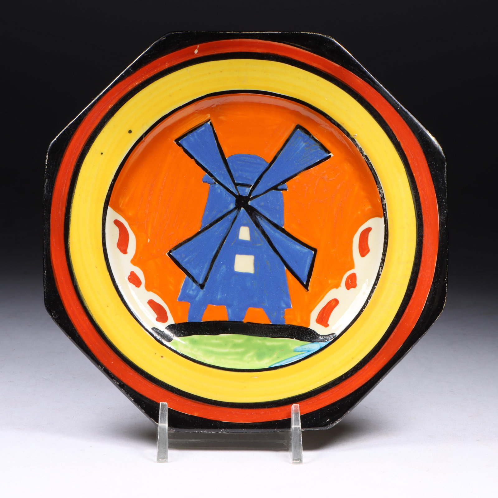 Applique Bizarre ware by Clarice Cliff hand-painted windmill octagonal plate, c. 1930. 5 3/4"Diam. (1 of 6)