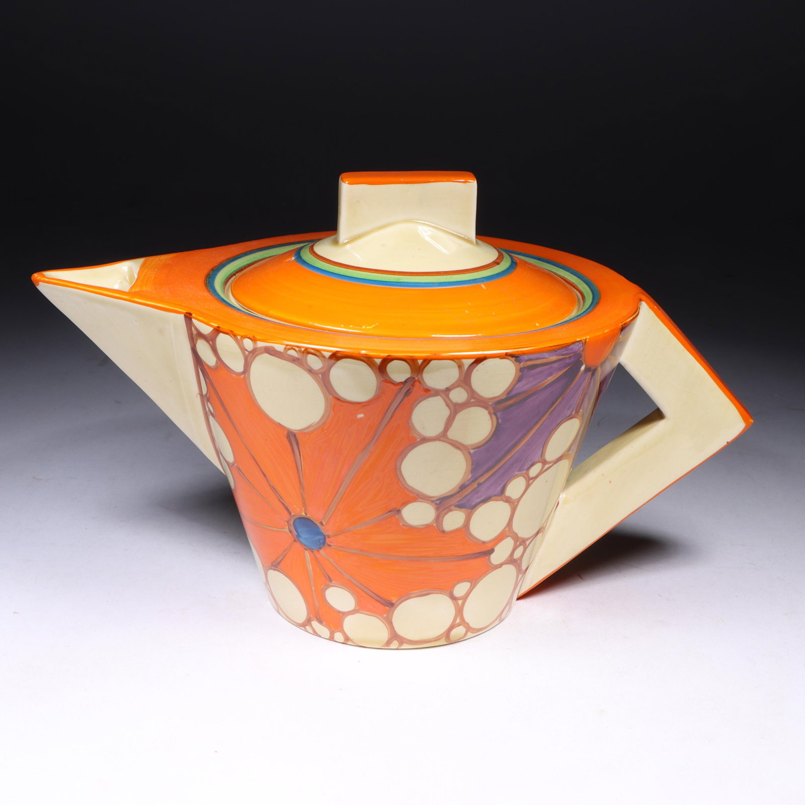Fantasque by Clarice Cliff hand-painted "Orange Broth" conical teapot with lid, 1930. 5 3/4"H x 9"W (1 of 12)