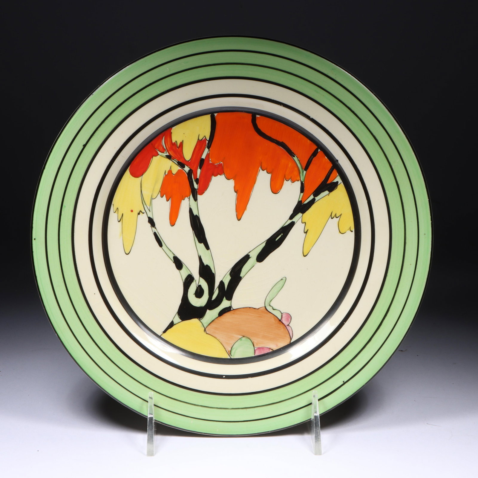 Bizarre ware by Clarice Cliff hand-painted "Honolulu" art pottery plate, c. 1933-1935 9"Diam. (1 of 9)