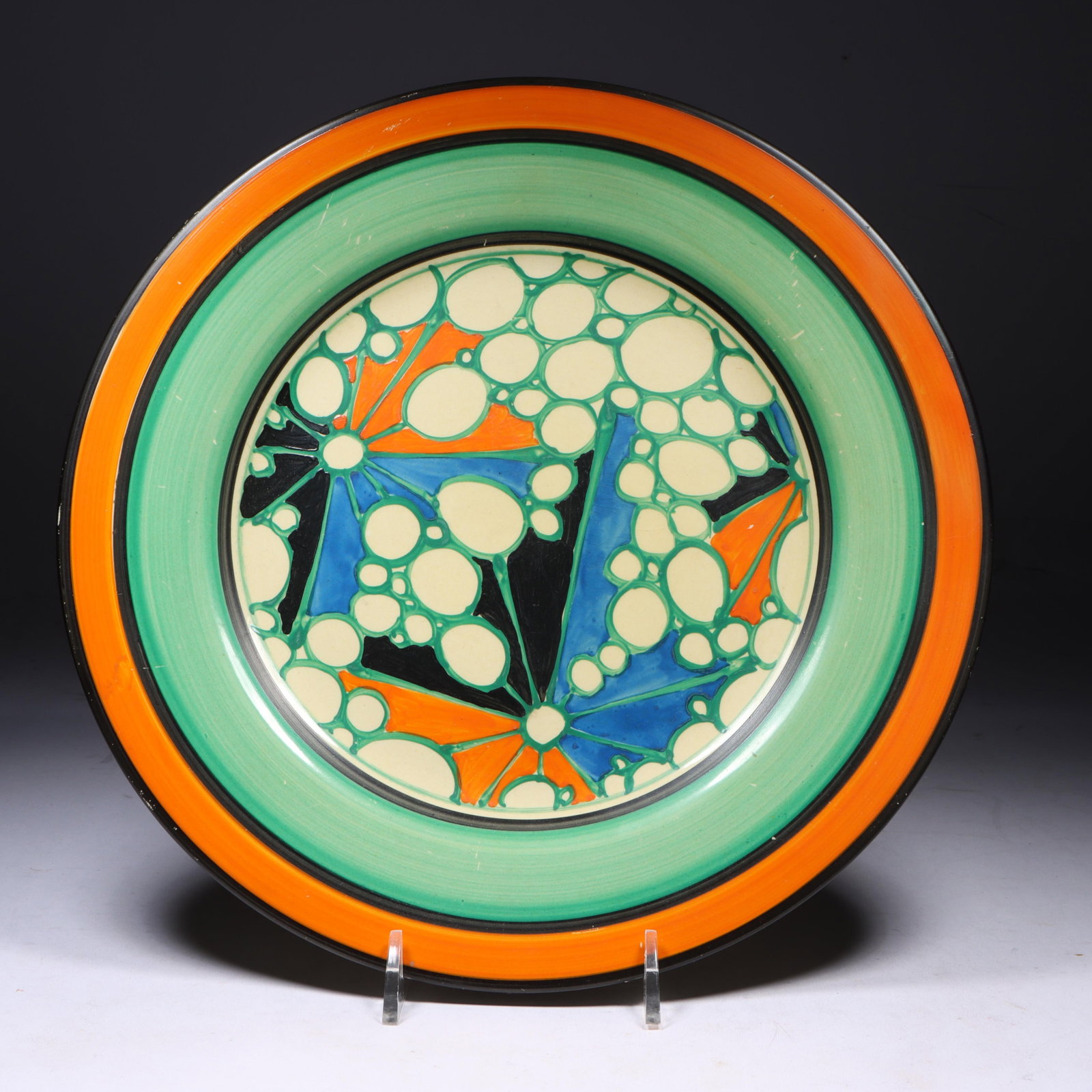 Fantasque by Clarice Cliff hand-painted broth? umbrellas and rain? plate, c. 1930 10"Diam. (1 of 12)