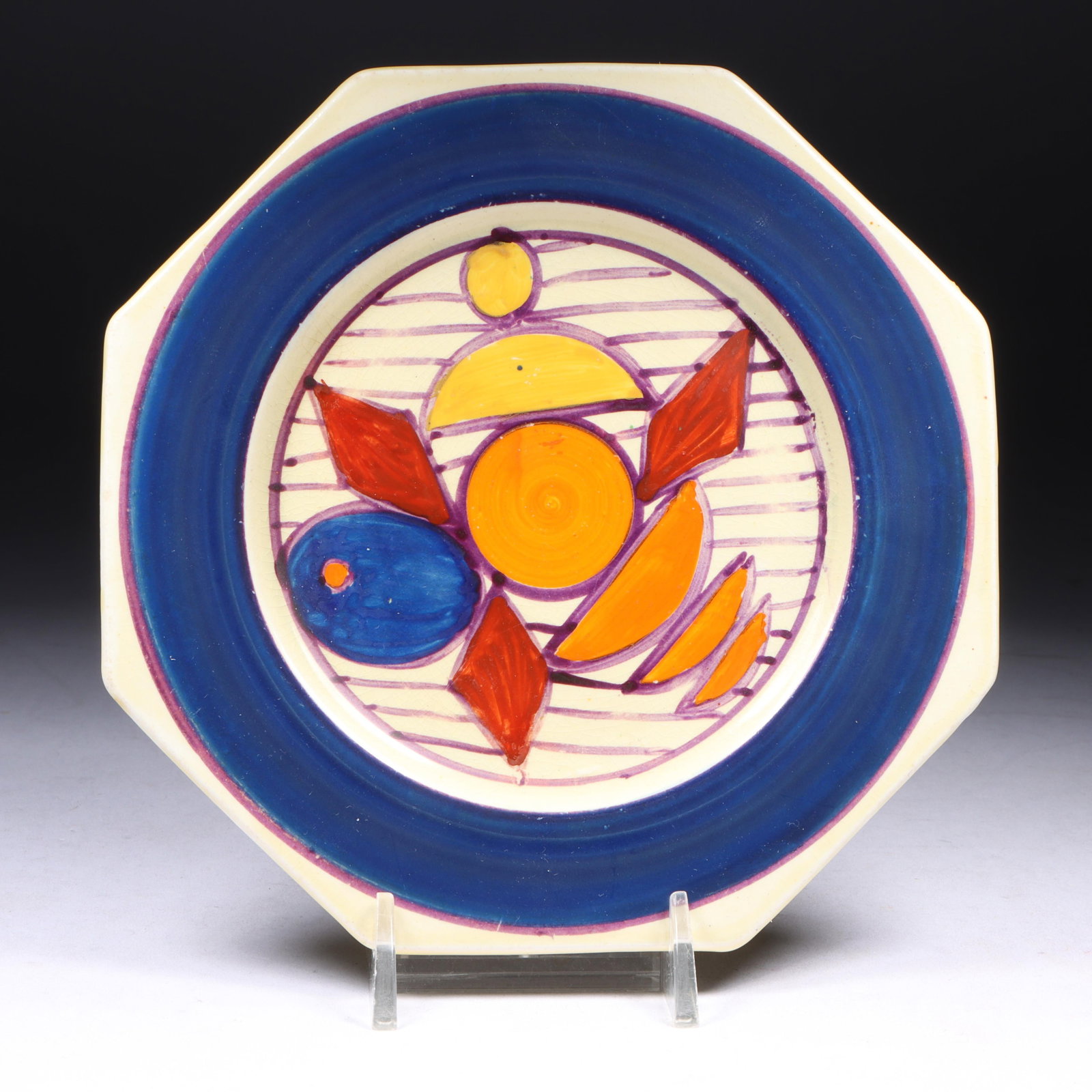Fanstasque by Clarice Cliff hand-painted fruit slices octagonal sideplate, c. 1930. 5 3/4"Diam. (1 of 6)