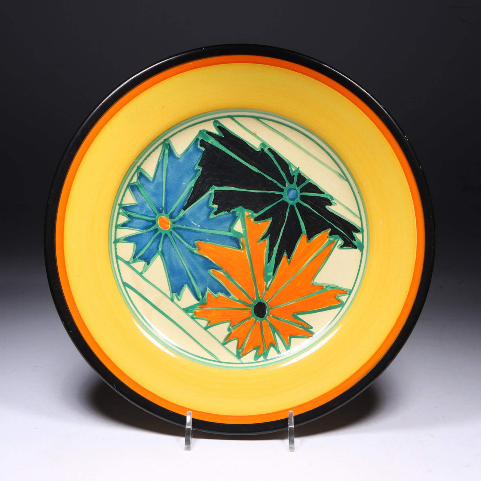 Fantasque by Clarice Cliff hand-painted chrysanthemum "Umbrellas" art pottery plate, c. 1929 (1 of 10)