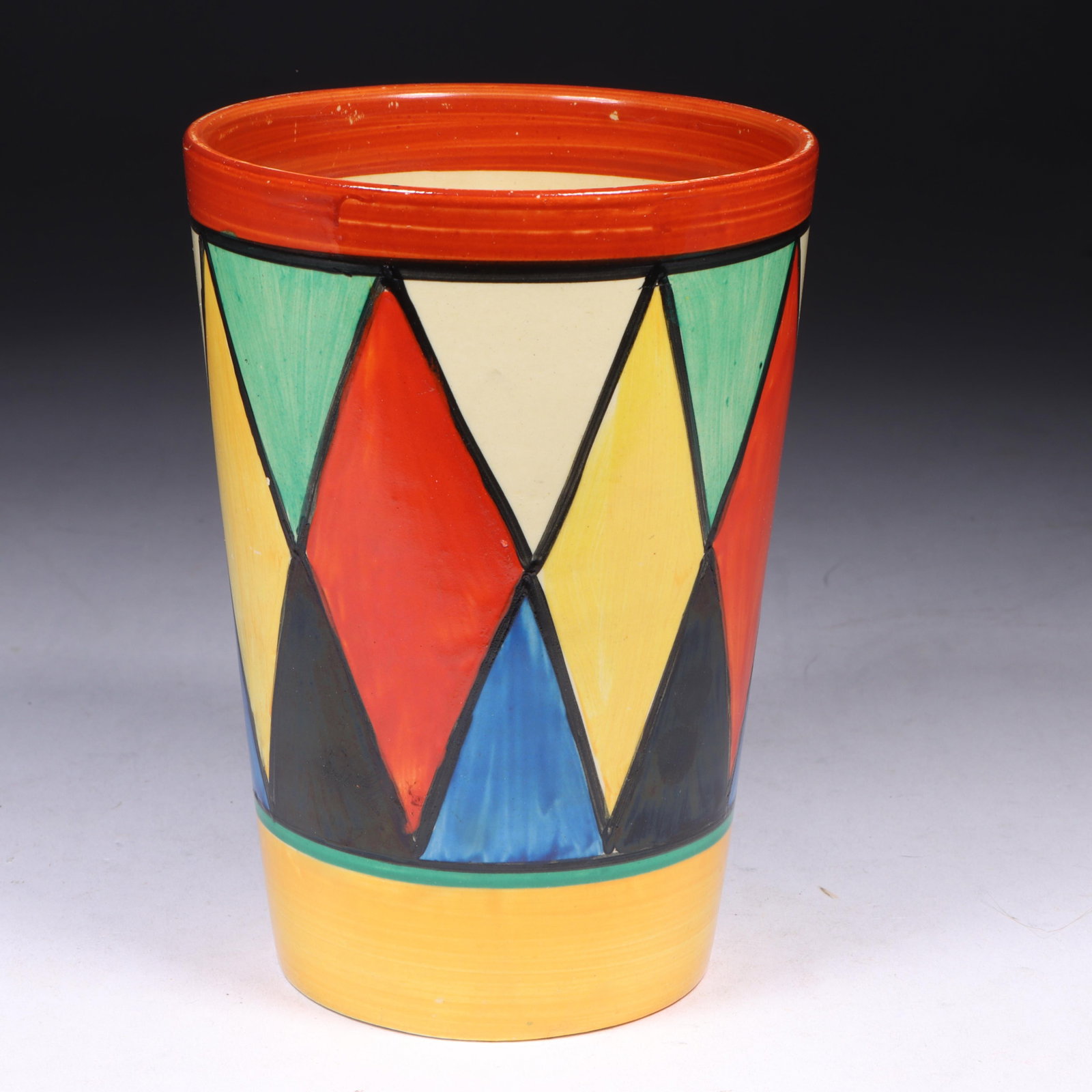 Bizarre ware by Clarice Cliff hand-painted "Harlequin" beaker cup, c. 1930 4 1/2"H x 3 1/4"Diam. (1 of 13)