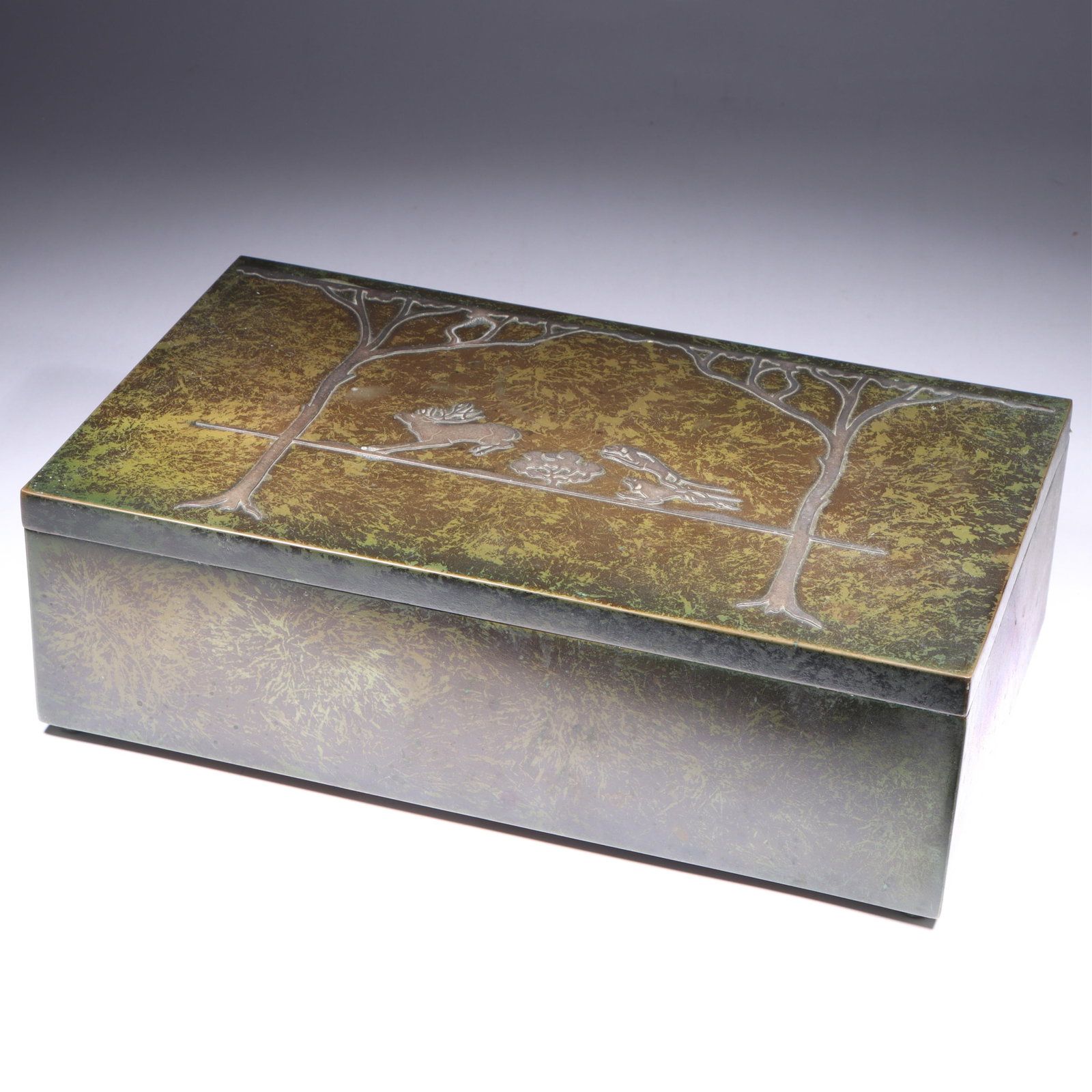 Heintz Art Metal Shop Arts & Crafts tea caddy humidor with stag and dogs hunt scene in sterling (1 of 16)