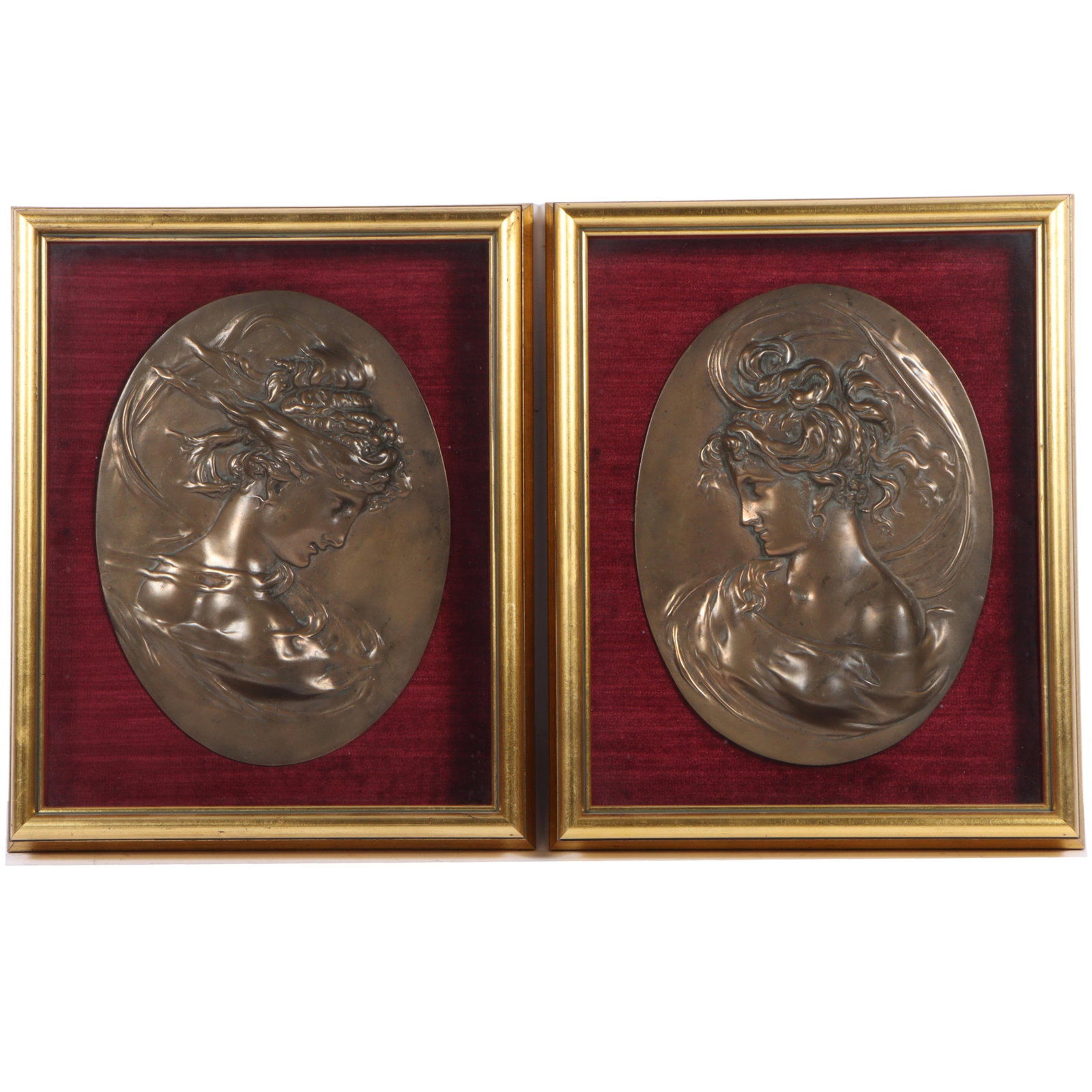 PAIR framed Bradley & Hubbard Art Nouveau bronze bas relief lady cameo plaques. 13 3/4"H x 10 1/4"W: PAIR framed Bradley & Hubbard Art Nouveau bronze bas relief lady cameo plaques. 13 3/4"H x 10 1/4"W (plaque), 18 1/2"H x 15 1/4"W(frame) - one measured 13 3/4"H x 10 1/4"W (plaque), 18 1/2"H x 15 1/4"