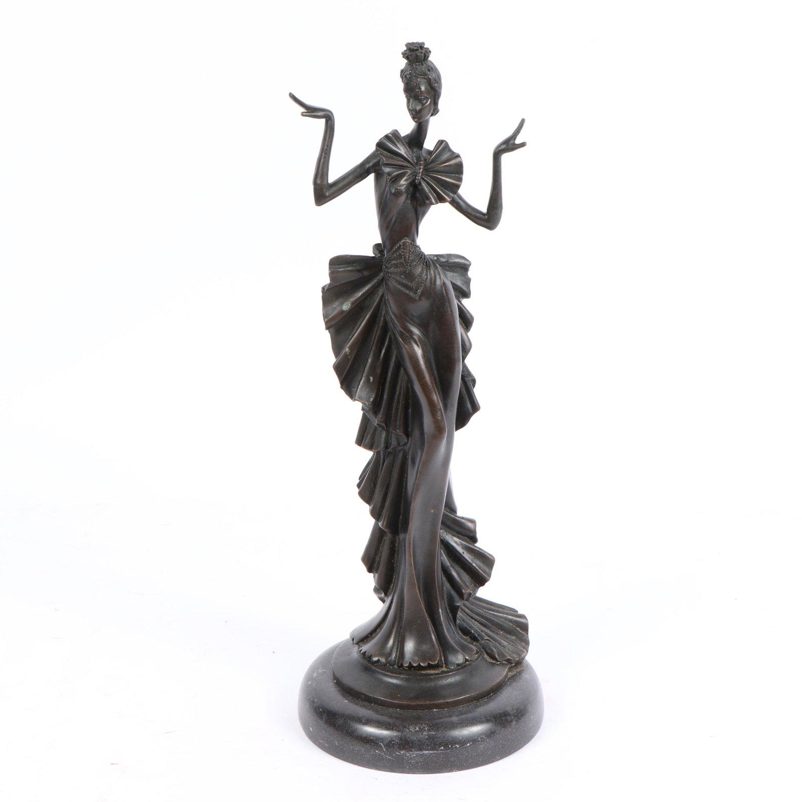 Art Deco Moderne bronze tall gowned female sculpture with exaggerated/elongated features on round (1 of 8)
