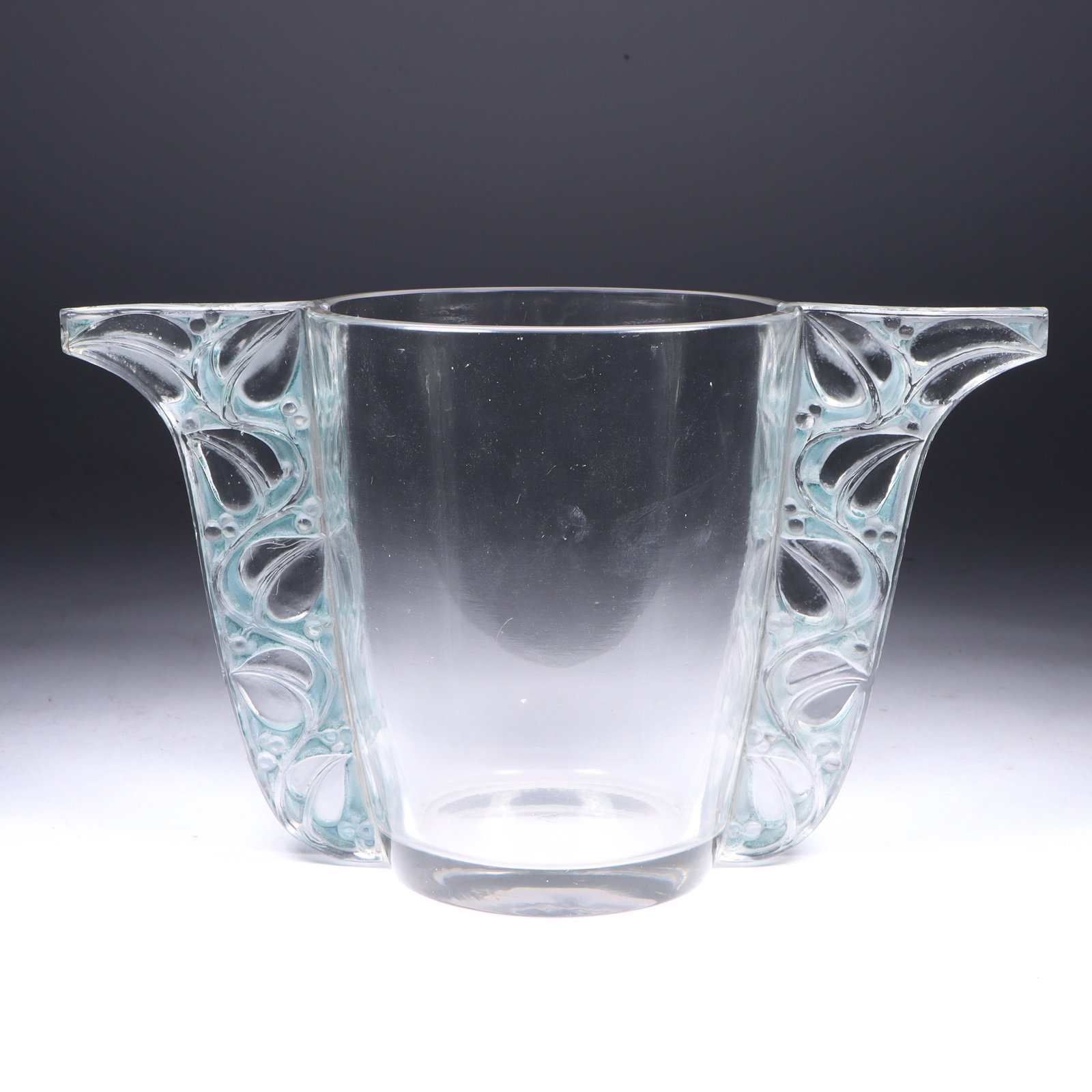 R. Lalique Honfleur blue patinated French art glass vase, c.1927 5 1/2"H x 9 1/2"W x 4 3/4"Diam. (1 of 12)