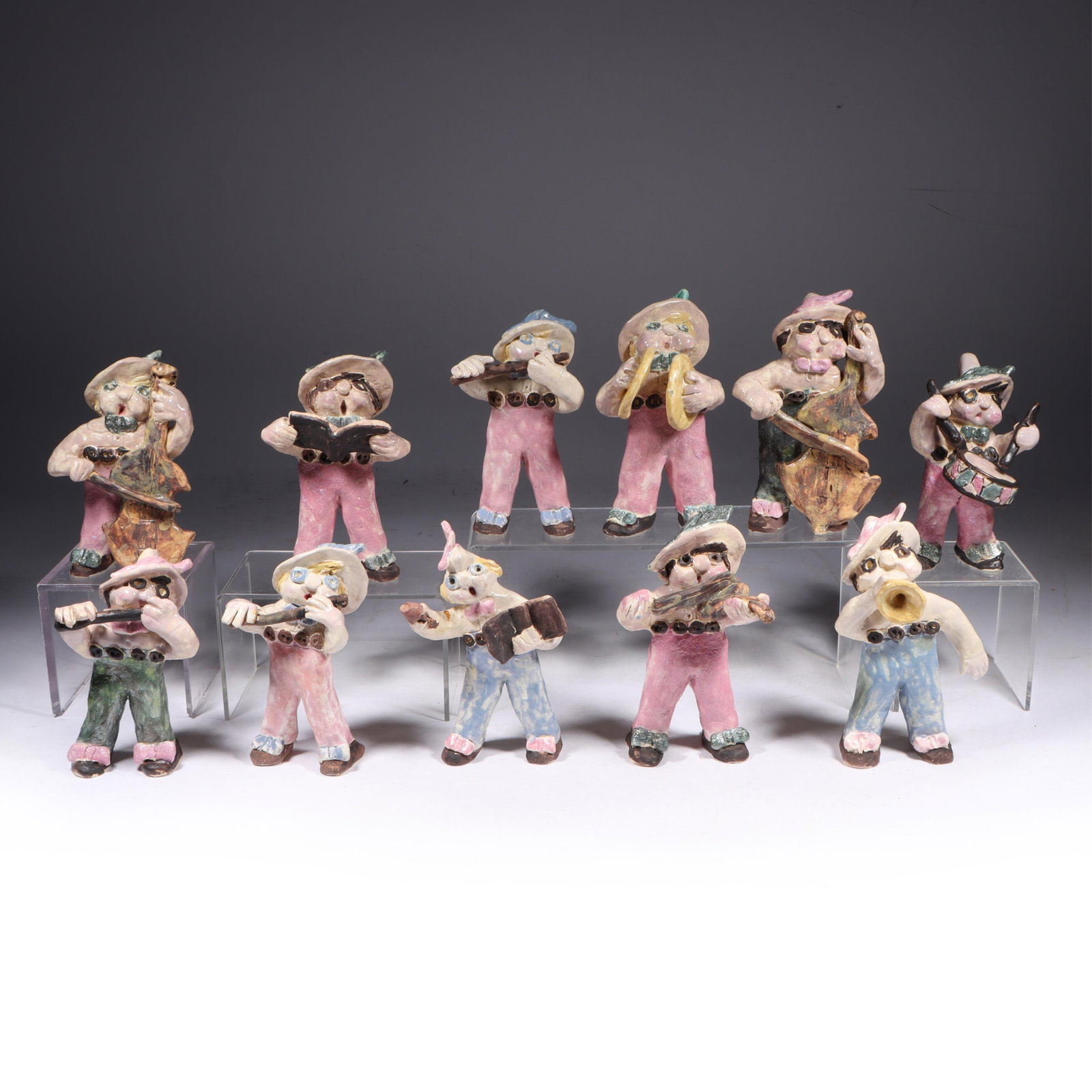 Overbeck art pottery glazed ceramic musician figures, 11pc. band. 5 1/4"H x 3 1/4"W (violin player (1 of 20)