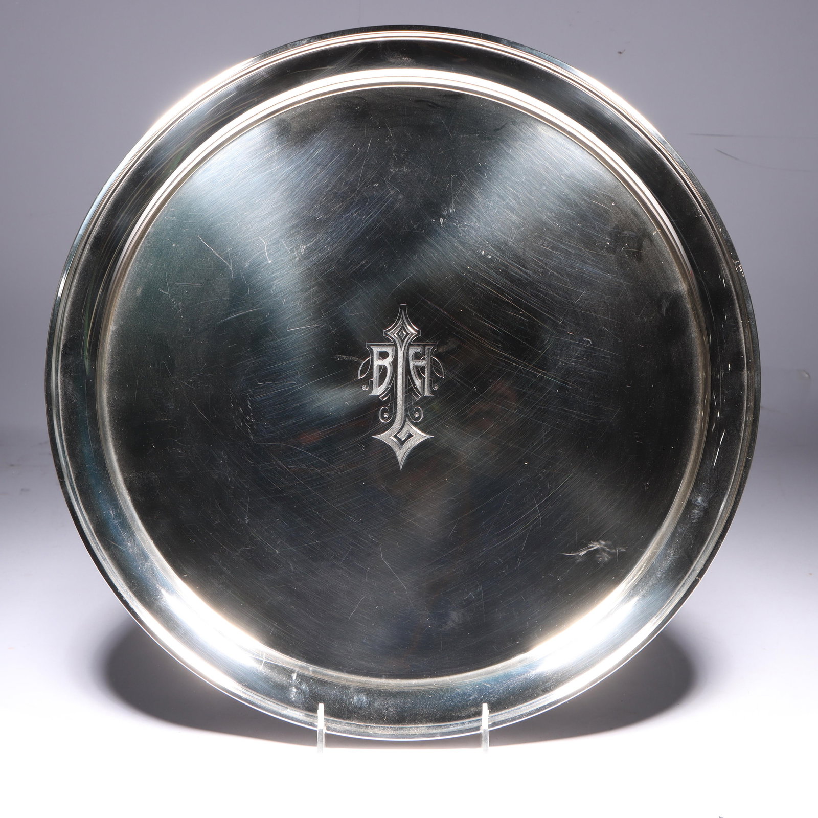 Stieff Sterling Silver Monogrammed Round Serving Tray, 49.839 Troy Oz. 1 1/4"H x 16"Diam. (1 of 10)