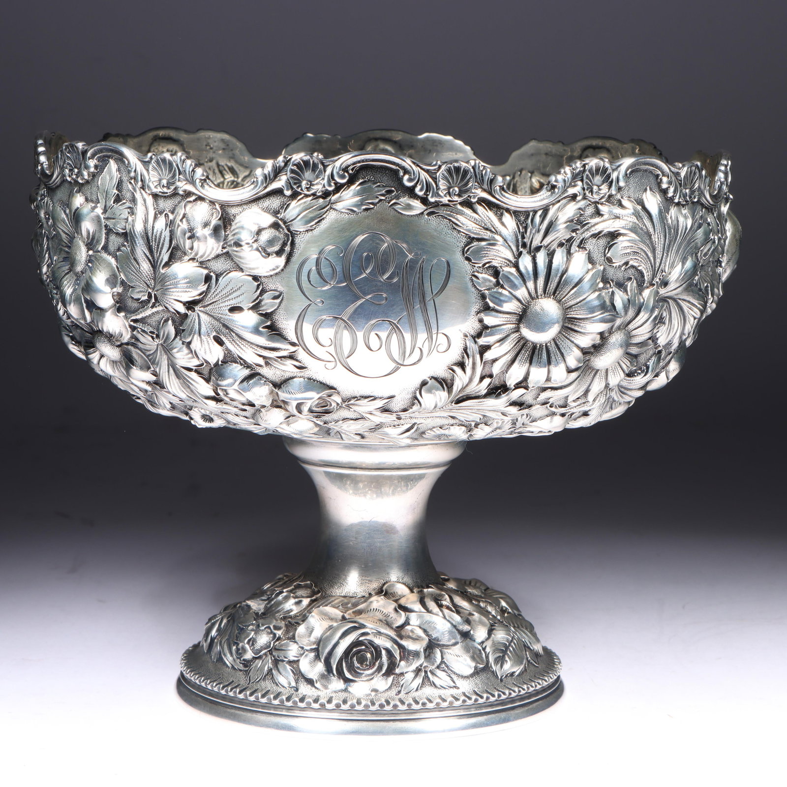 Stieff Sterling Silver Repousse Floral Monogrammed Pedestal Hollowware Center Bowl, 22.347 Troy Oz. (1 of 15)