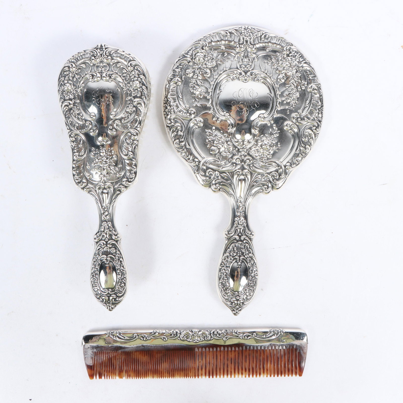 Victorian Era Sterling Silver Monogramed Gorham Vanity Set, 3pc. 9 1/2"H x 5 1/2"W (mirror measured): Victorian Era Sterling Silver Monogramed Gorham Vanity Set, 3pc. All marked "Gorham Sterling 23". Unweighable 9 1/2"H x 5 1/2"W (mirror measured)