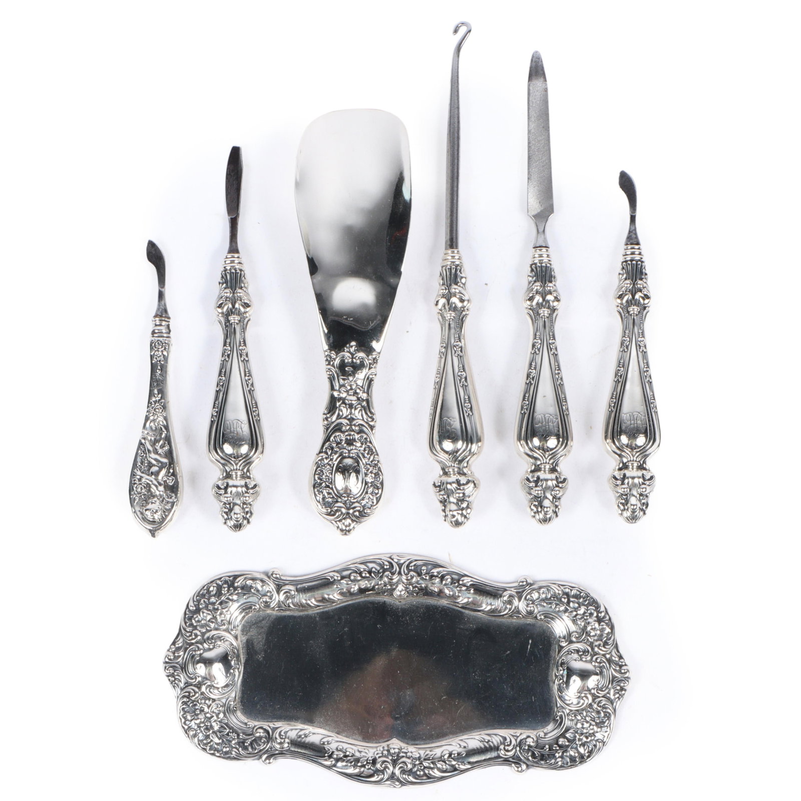 Sterling Silver Monogramed Vanity Items; Gorham tray and shoehorn, four sterling hollow handle (1 of 14)