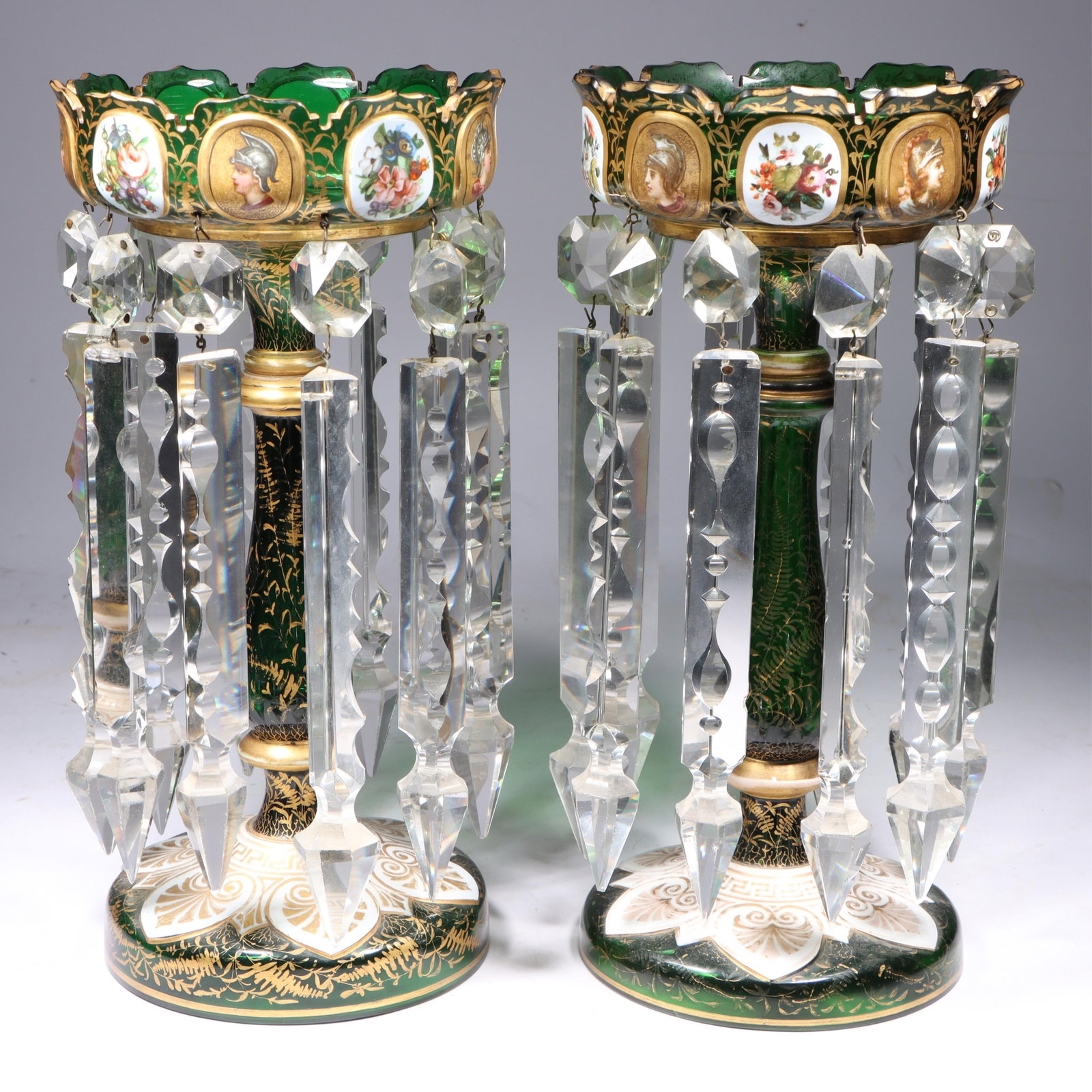 Pair Victorian Bohemian emerald green glass painted mantel lustres with prisms 12 1/4"H x 6"Diam. - (1 of 20)