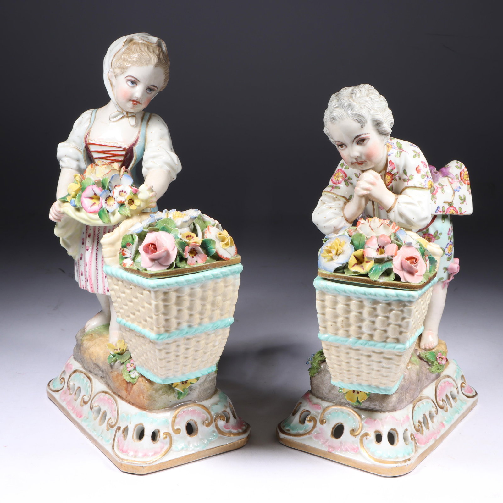 PAIR Meissen porcelain boy and girl gardener figures with flower covered potpourri basket lids. 9 (1 of 20)