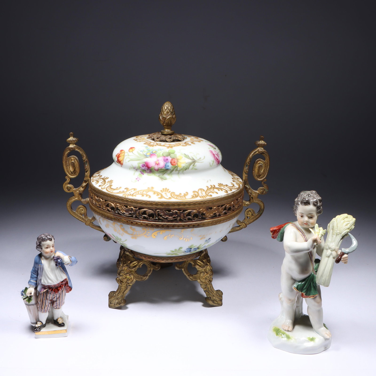 French Sevres Depose porcelain gilded bronze ormolu mounted lidded dish / censer with hand painted (1 of 19)