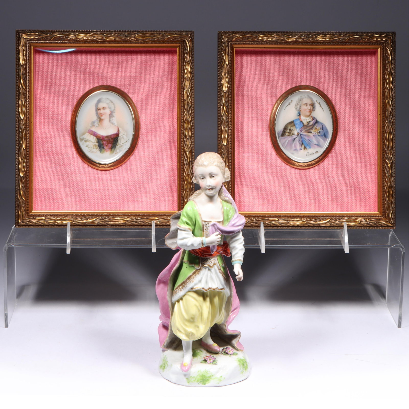 A German porcelain lady figurine and pair French Louis XV and Mme. du Barry miniature framed (1 of 13)