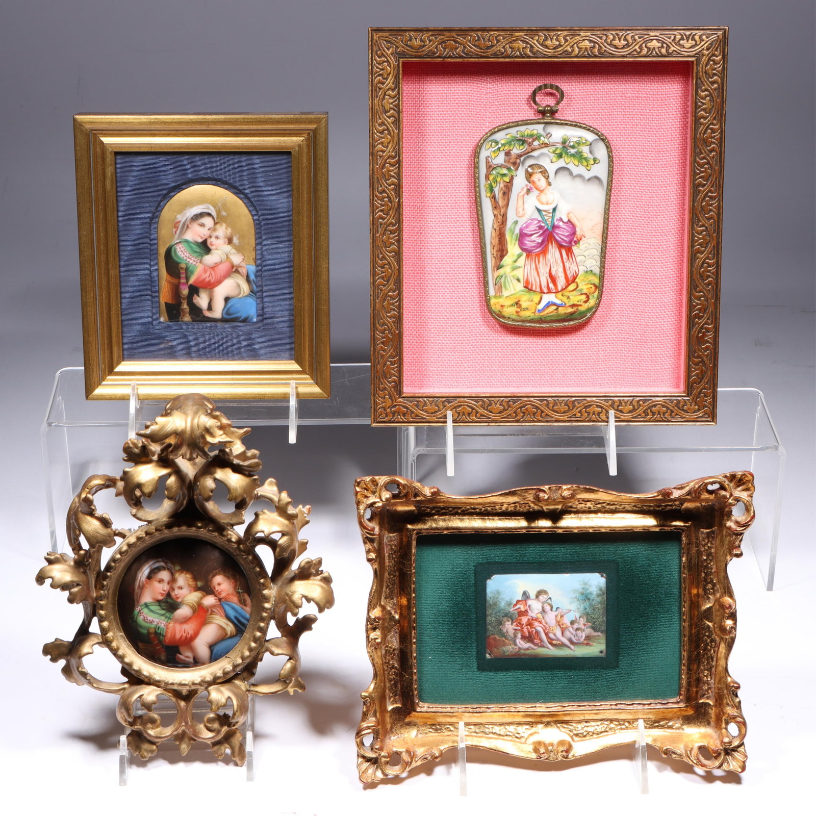 Four miniature framed paintings; Rococo French enamel on copper Mythological putti scene, Two German (1 of 16)