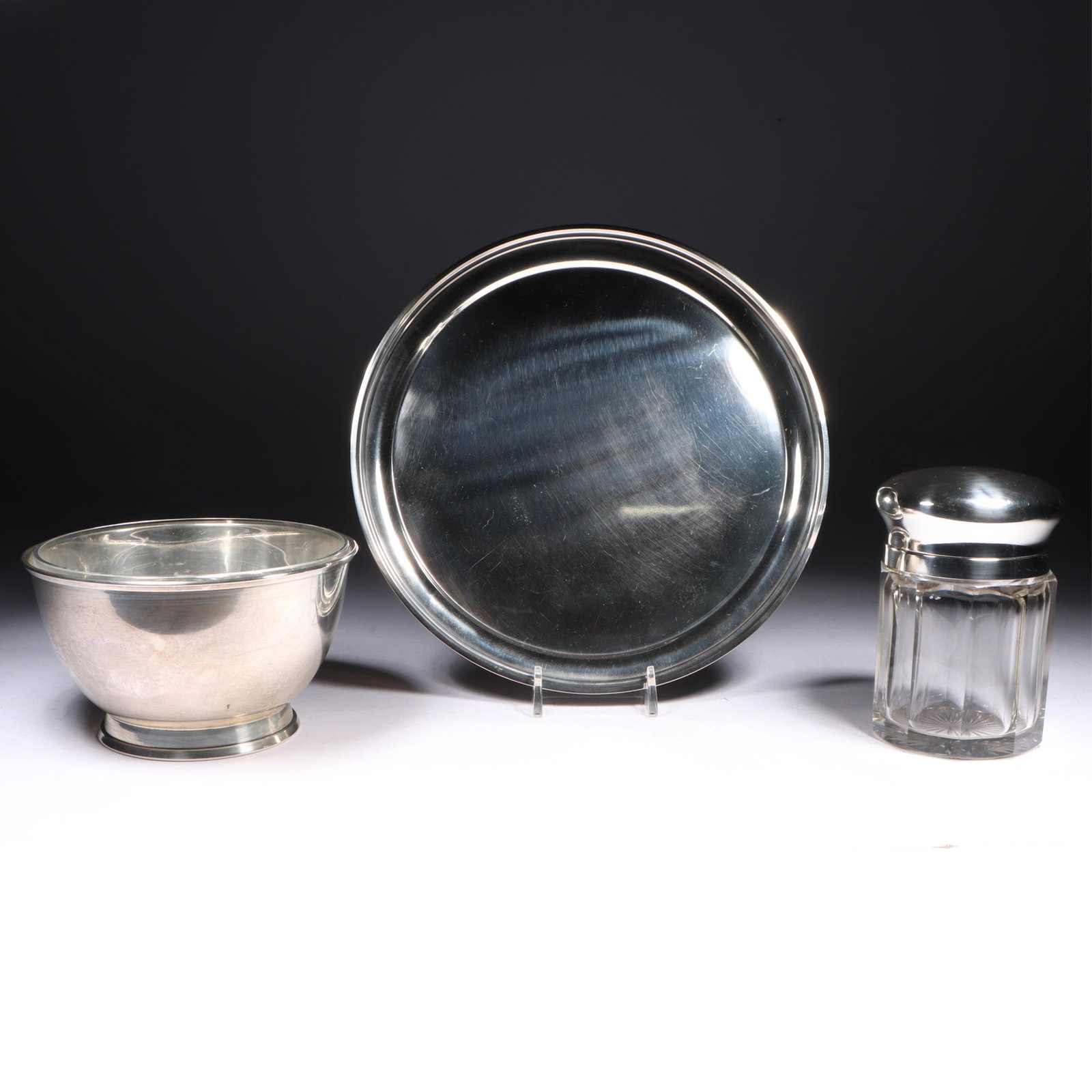 Vintage Sterling Silver S. Kirk & Son Tray, Sterling Silver Reed & Barton Small Hollowware Bowl with: Vintage Sterling Silver S. Kirk & Son Tray, Sterling Silver Reed & Barton Small Hollowware Bowl with Glass Insert and Cut Glass/Sterling Silver Jar, 3pc, 12.862 Troy Oz. Sterling Tray 220g. Sterling S