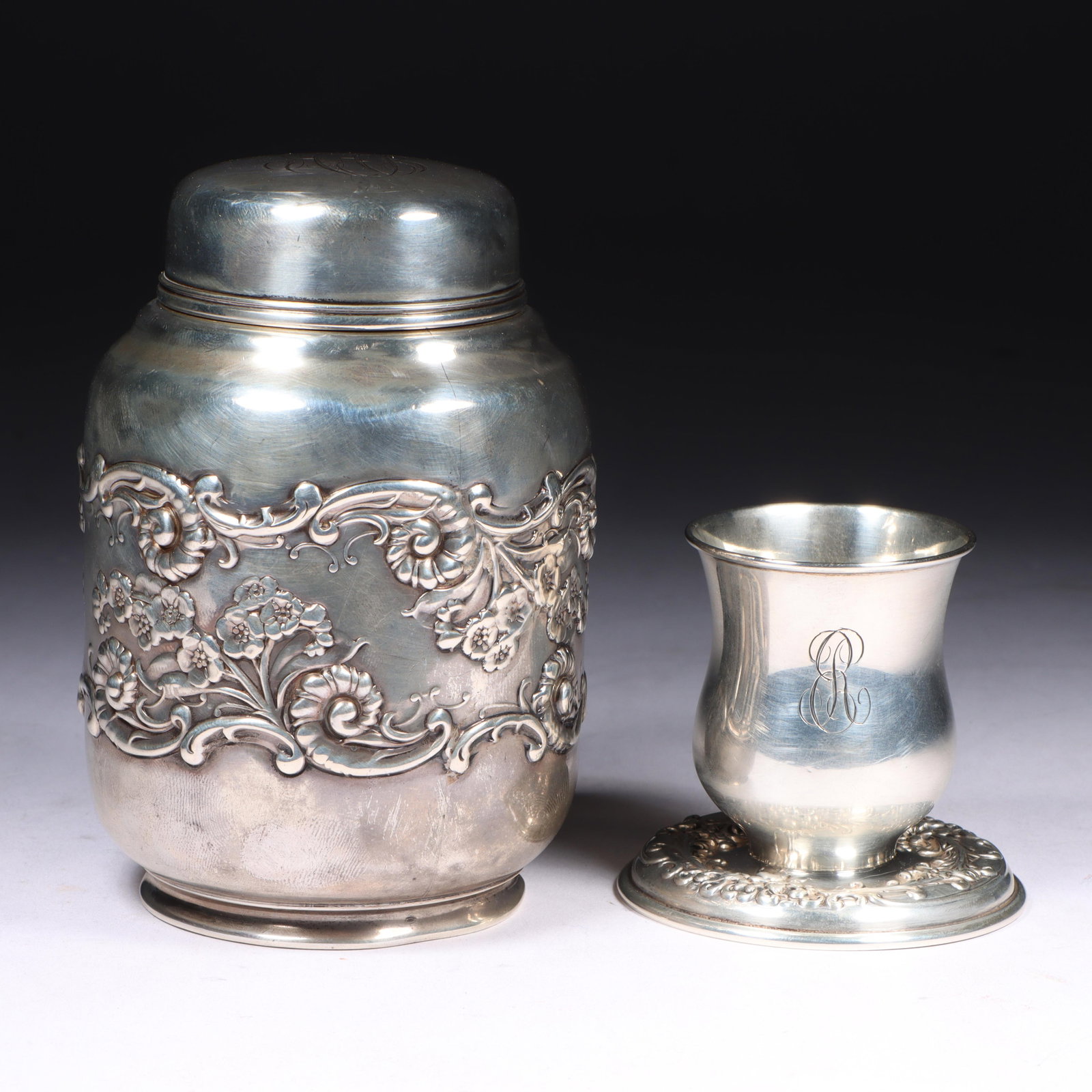 Sterling Silver Bailey Banks & Biddle Tea Caddy and R. Wallace & Sons Monogrammed Toothpick Holder: Sterling Silver Bailey Banks & Biddle Tea Caddy and R. Wallace & Sons Monogrammed Toothpick Holder with repousse base, 2pc, 5.305 Troy Oz. Jar marked "Sterling 1021 Pat. 1897" and cup marked "Sterling