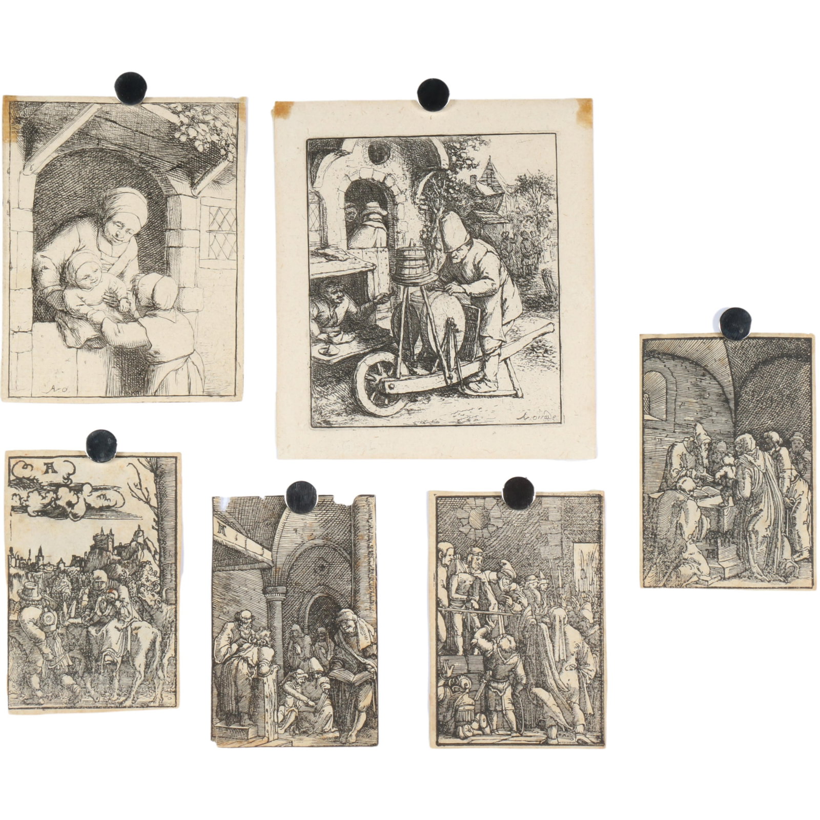 Six 16th/17th Century Dutch and German prints: two domestic scenes, etchings by Adriaen van Ostade, (1 of 15)