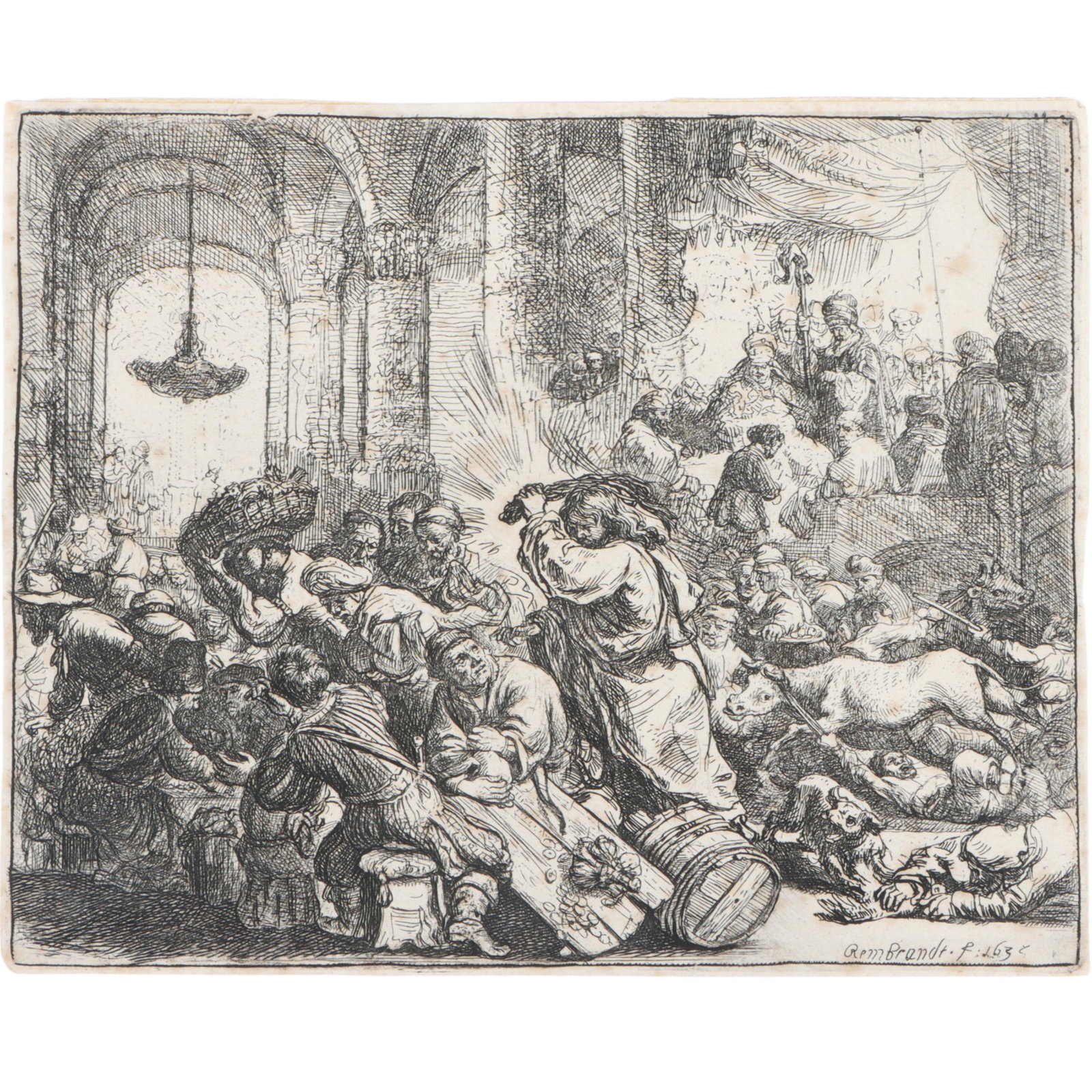 Rembrandt Van Rijn, Dutch (1606-1669), Christ Driving the Money Changers From the Temple, 1635,: Rembrandt Van Rijn Dutch (1606-1669) Christ Driving the Money Changers From the Temple, 1635 etching signed and dated in the plate. Thread margins. Foxing present. 5 1/2"H x 7"W