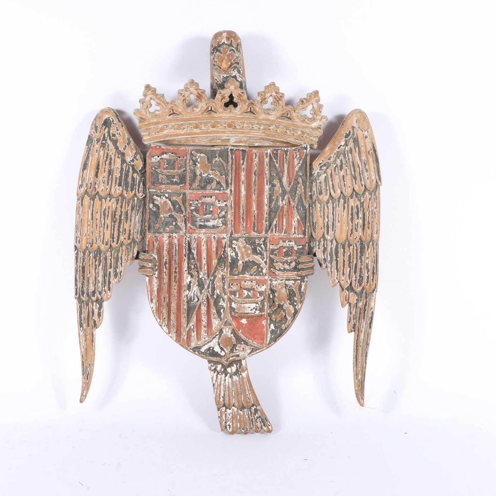 Royal Spanish Coat of Arms carved gesso and polychrome armorial carving, c. 1800 26 3/4"H x 20 1/2"W (1 of 8)