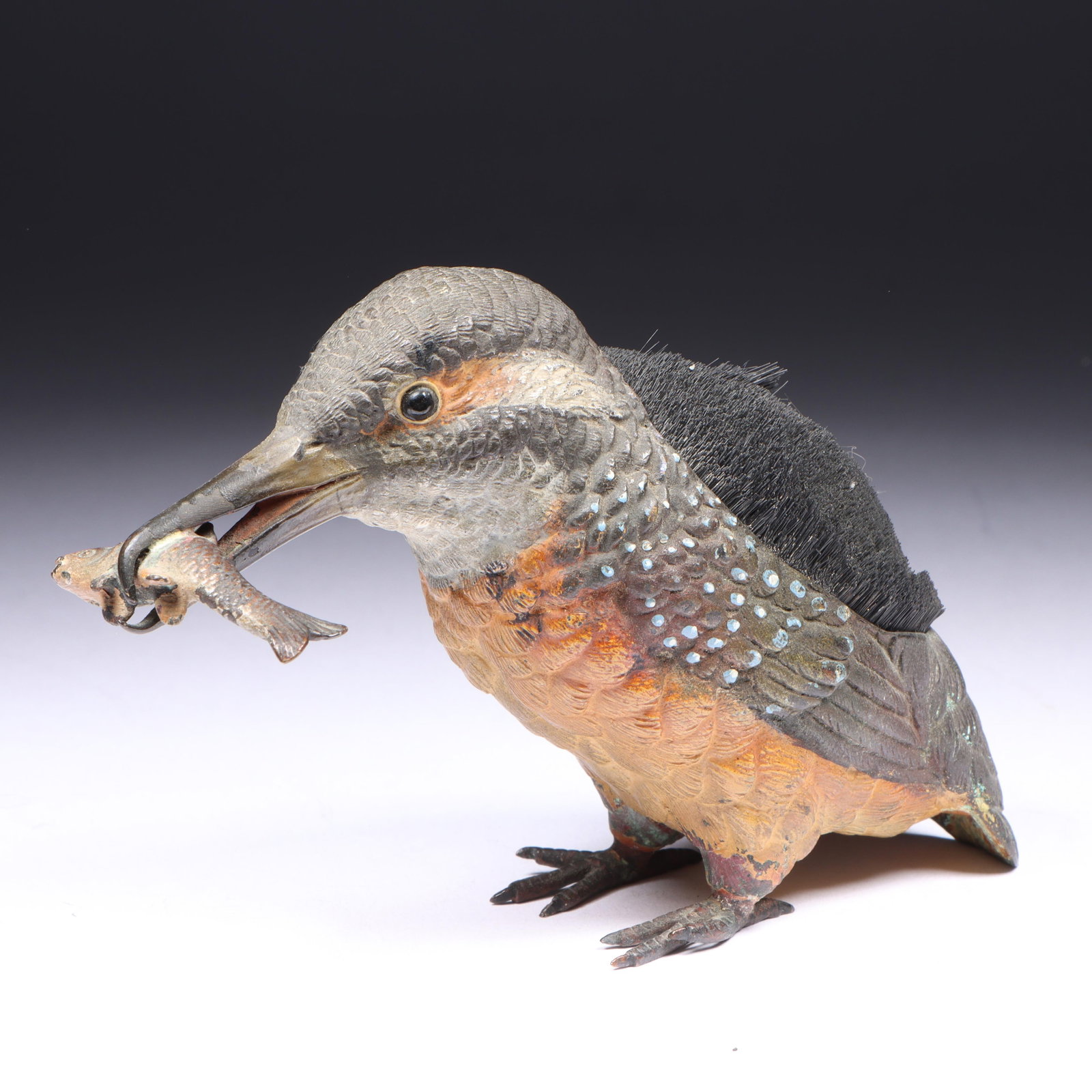 Austrian cold-painted Vienna bronze kingfisher bird with fish pin cushion by Franz Bergman 3 1/2"H x (1 of 14)