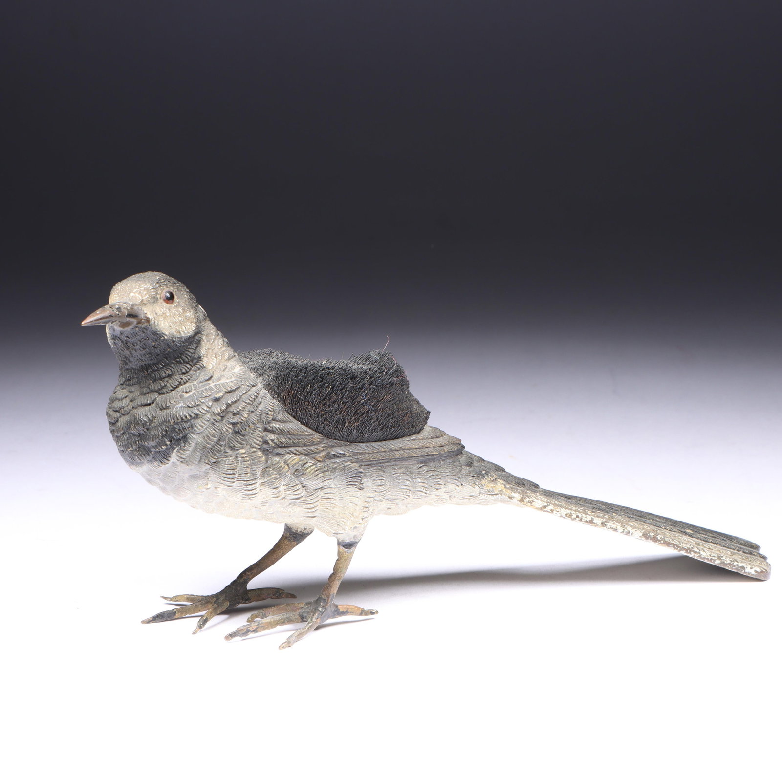 Austrian cold-painted Vienna bronze bird pin cushion by Franz Bergman. 3 1/4"H x 1 1/2"W x 6 1/2"D (1 of 12)