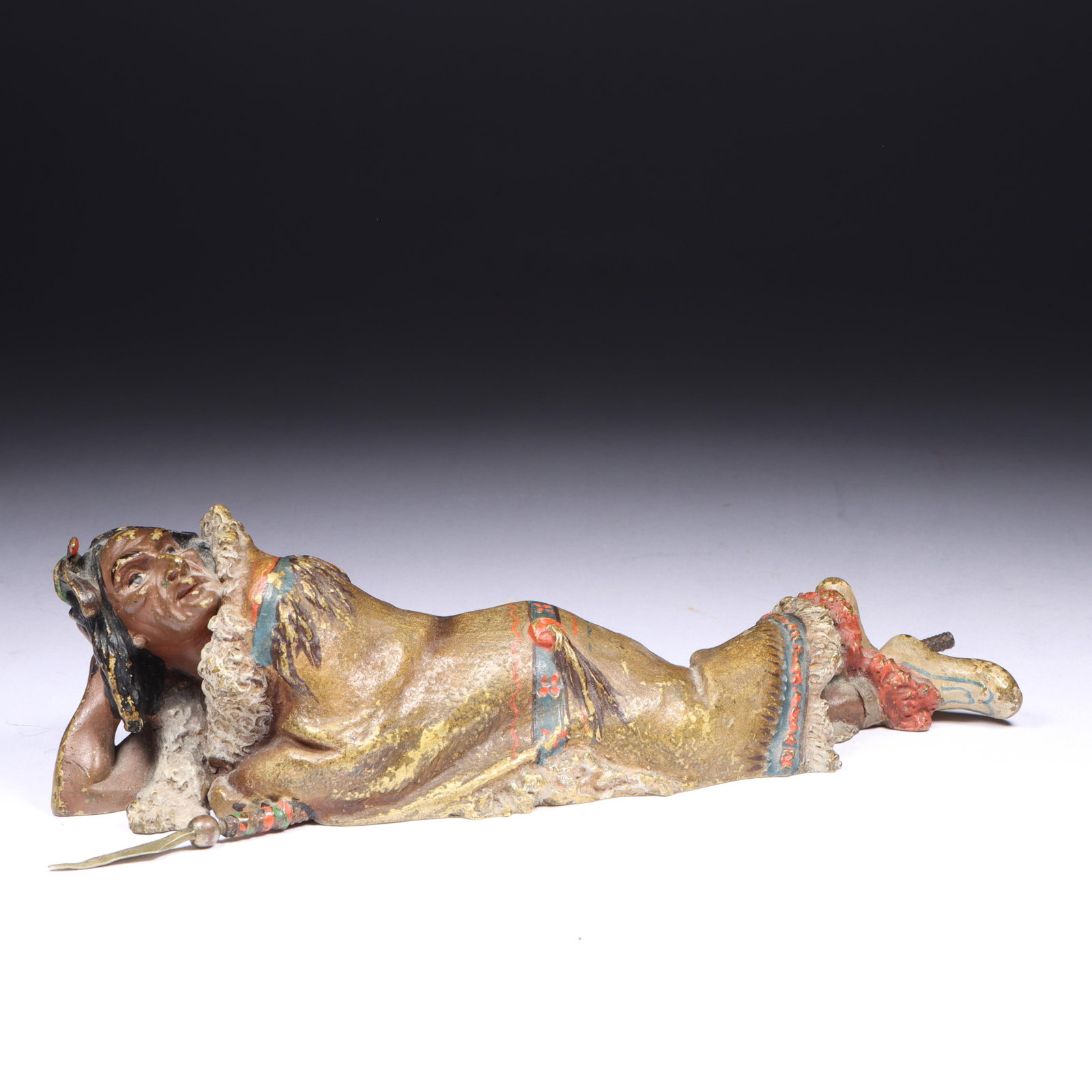Franz Bergman cold painted Austrian, Vienna bronze figure of a reclining Native American Indian (1 of 17)